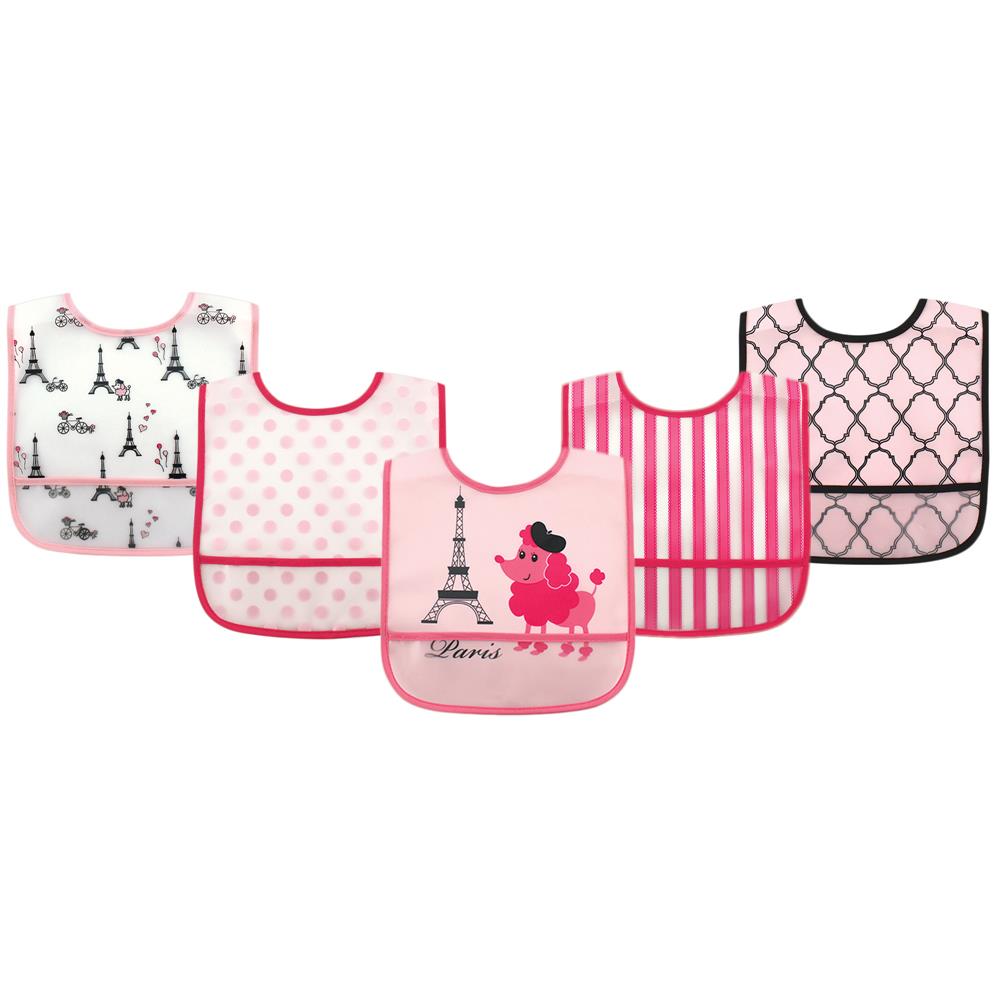 Luvable Friends 5 Pack PEVA Water Resistant Bibs with Crumb Catcher Pocket