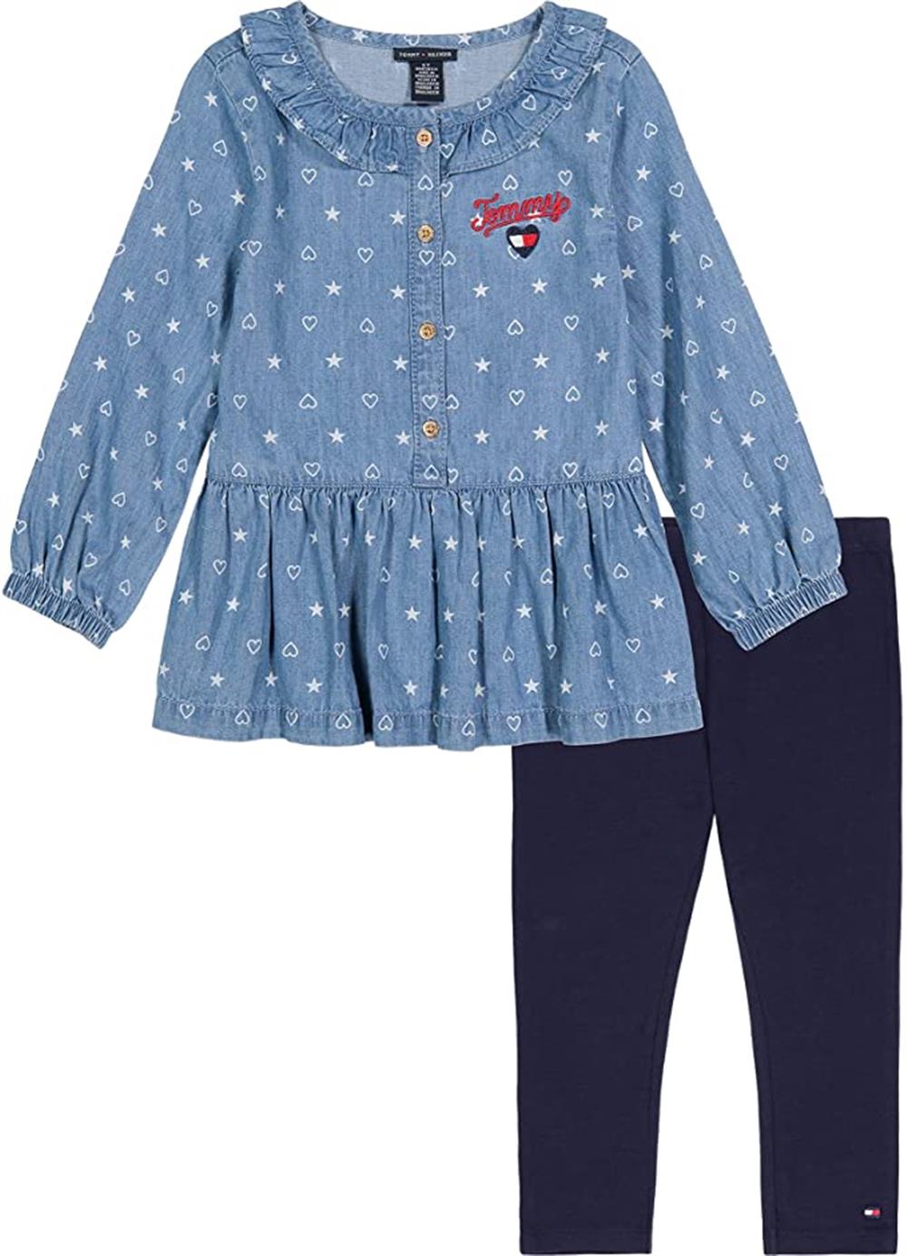 Girls Ruffle Printed Chambray Peplum Tunic Legging Set