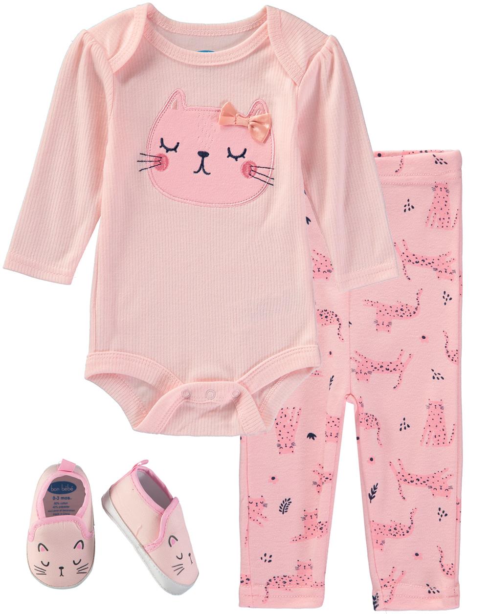 Bon Bebe Girls 0-9 Months Kitty Bodysuit Pant Set with Shoes