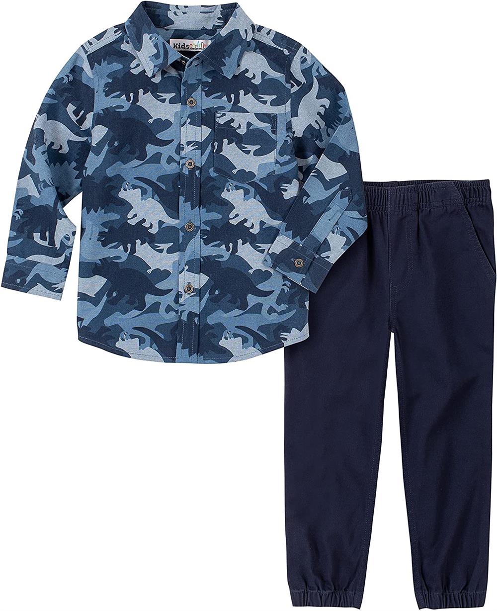 Kids Headquarters Boys Dino Button Down Twill Jogger Set