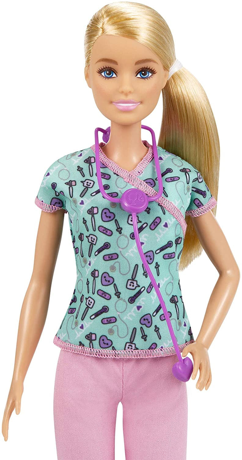 Barbie Nurse Doll with Scrubs Featuring A Medical Tool Print Top & Pink Pants