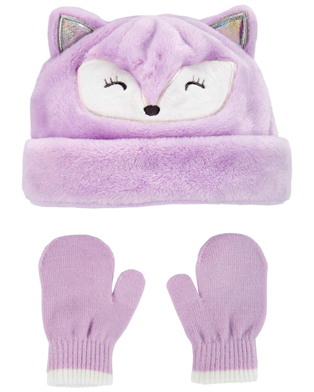 Carters Girls 2T-4T Fox Velour Hat & Mitten Set