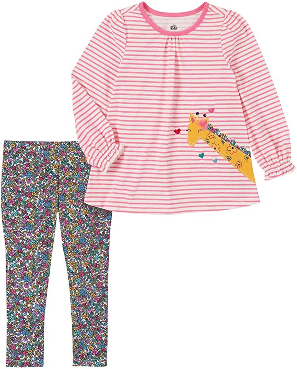 Kids Headquarters Girls Giraffe Stripe Tunic Floral Legging Set