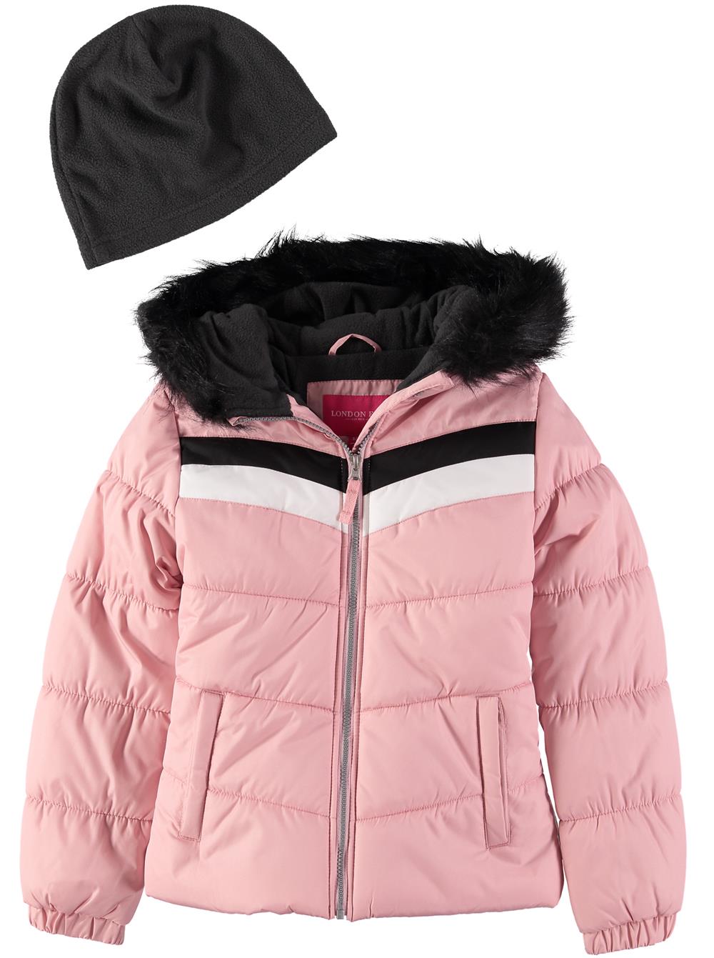 London Fog Girls 7-16 Stripe Bubble Jacket with Hat