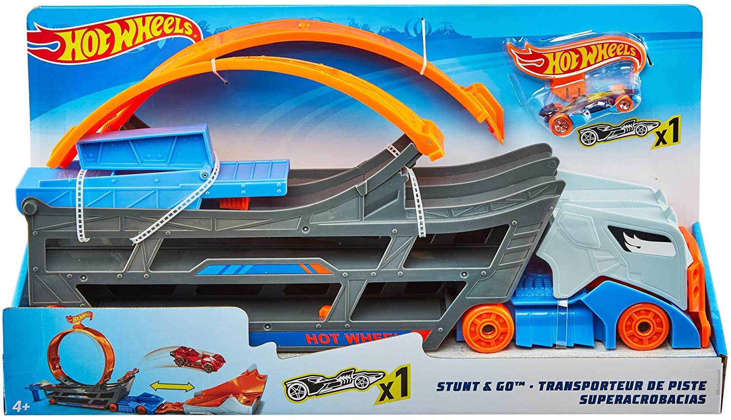 Mattel Hot Wheels Toy Car Track Set, Stunt & Go Playset with 1:64 Scale Vehicle, Transforming Hauler Truck with Loop & Launcher, Stores 18 Vehicles