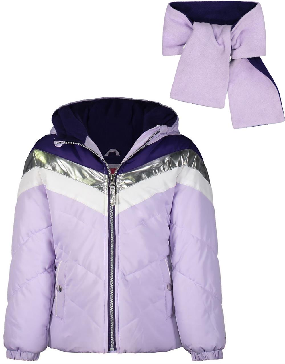 London Fog Girls 7-16 Chevron Metallic Bubble Jacket with Scarf