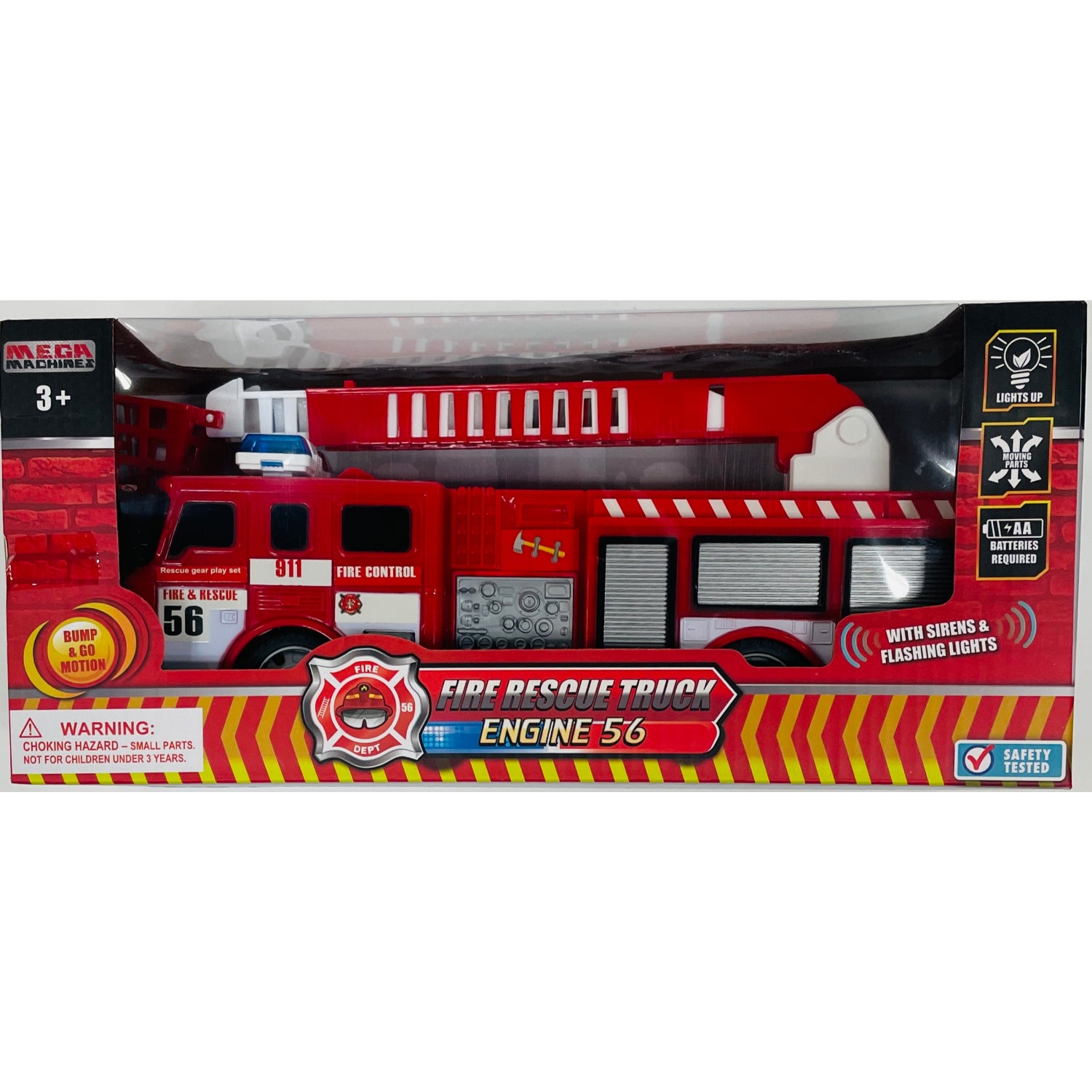 Mega Machines Fire Rescue Truck Engine 56 with Sirens & Flashing Lights - Battery Operated Bump & Go