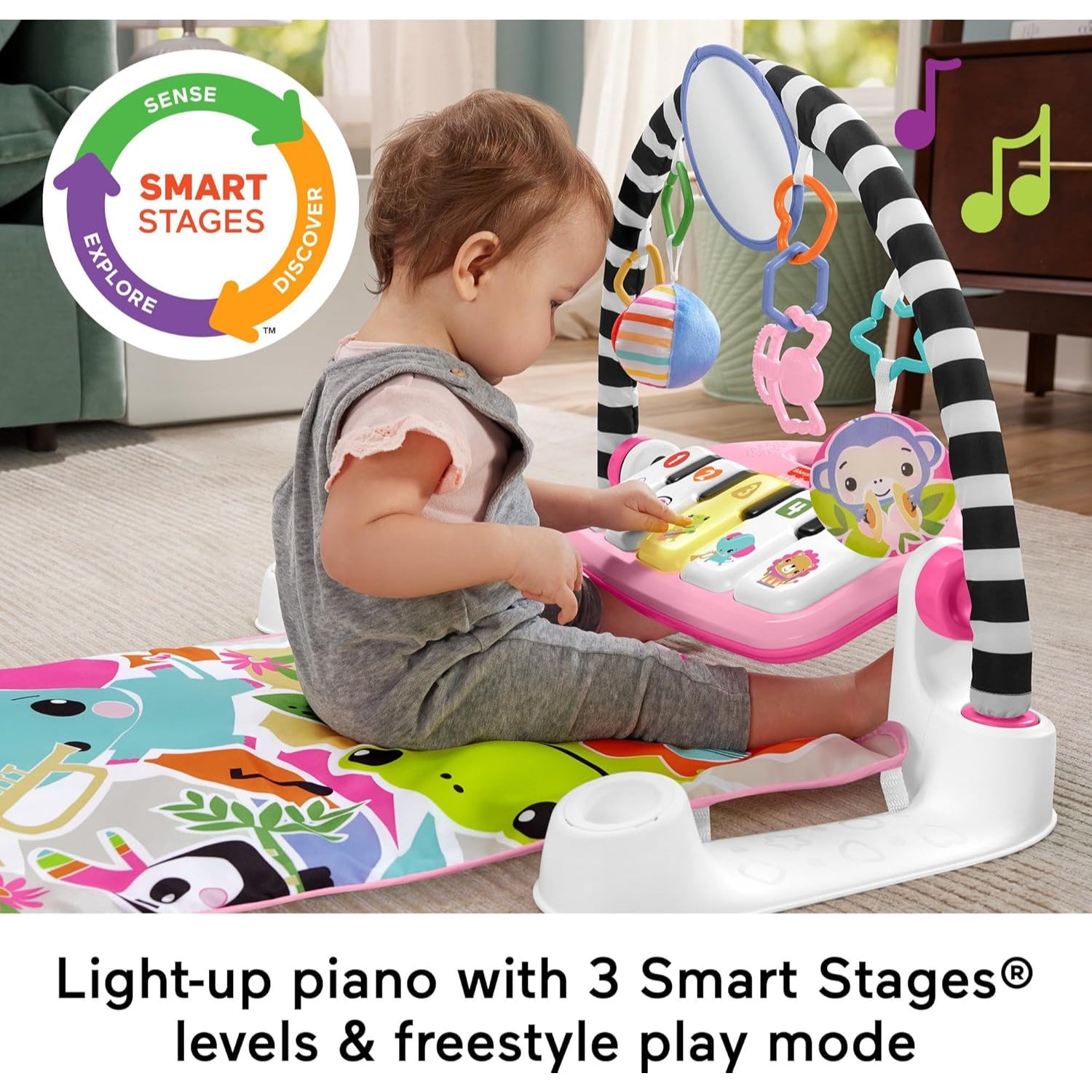 Fisher Price Glow And Grow Kick & Play Piano Gym Baby Playmat With Musical Learning Toy, Pink