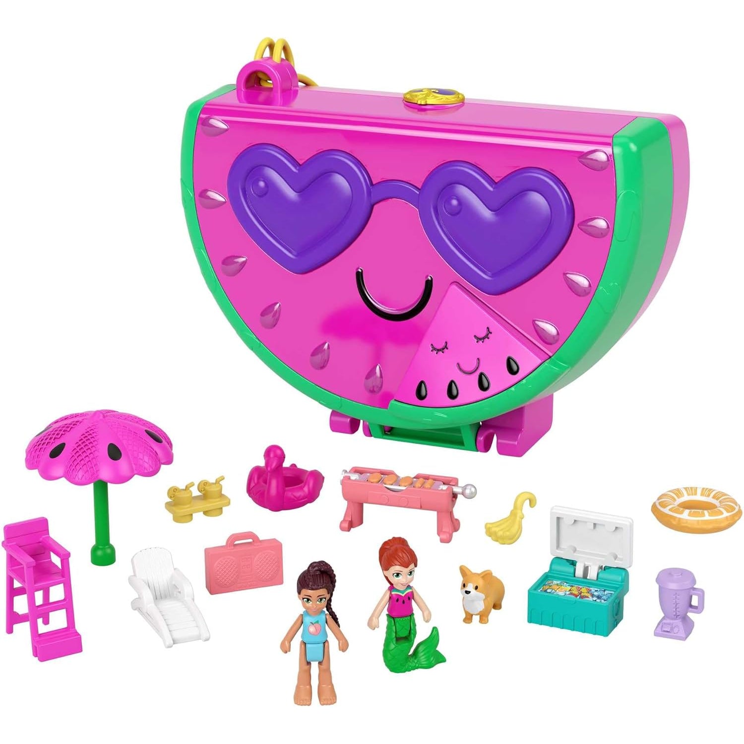 Mattel Polly Pocket Compact Playset, Scented Watermelon Pool Party with 2 Micro Dolls & Accessories