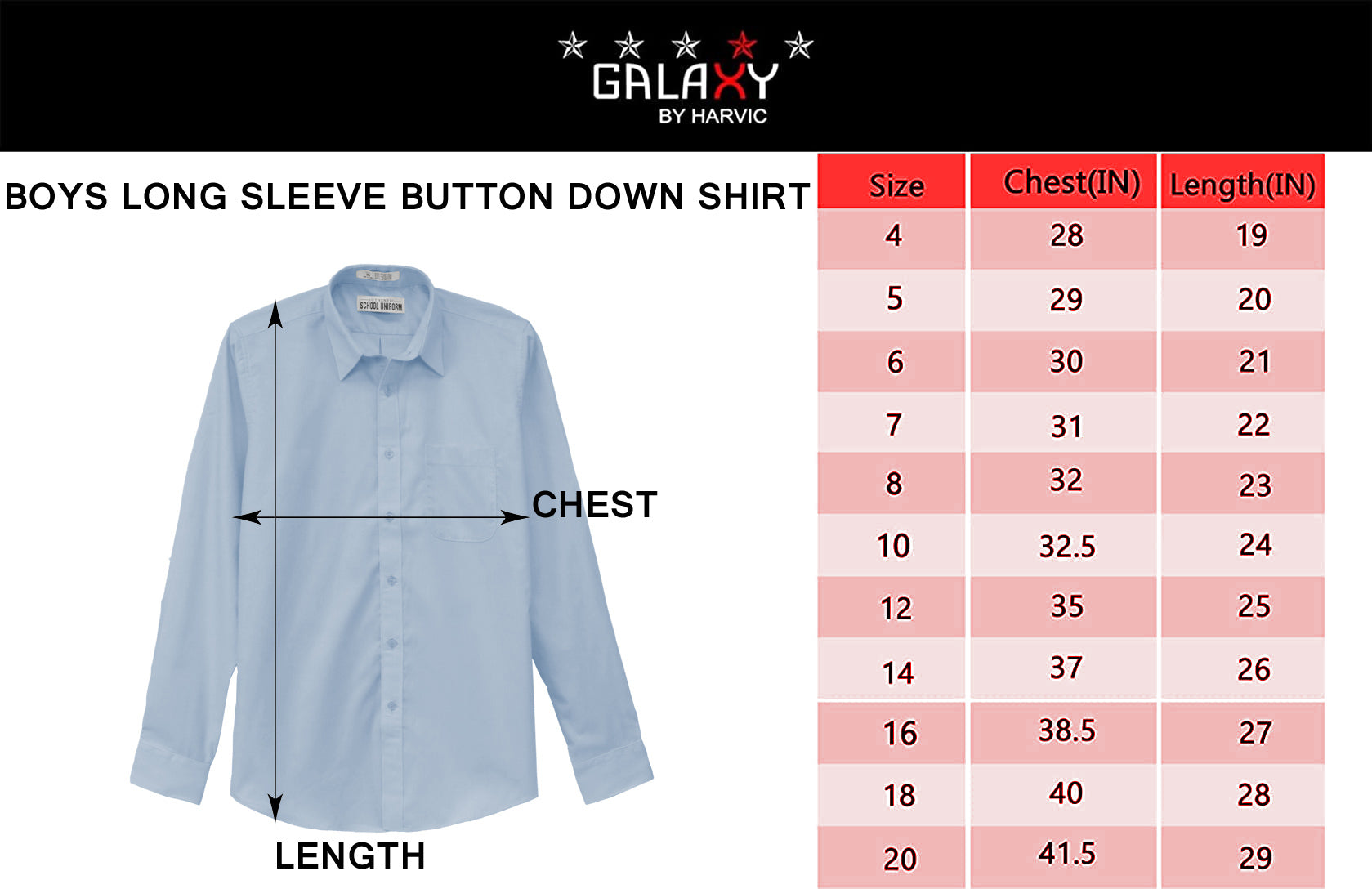 Galaxy Boys 4-20 Long Sleeve Button Down Dress Shirt (Regular and Husky)