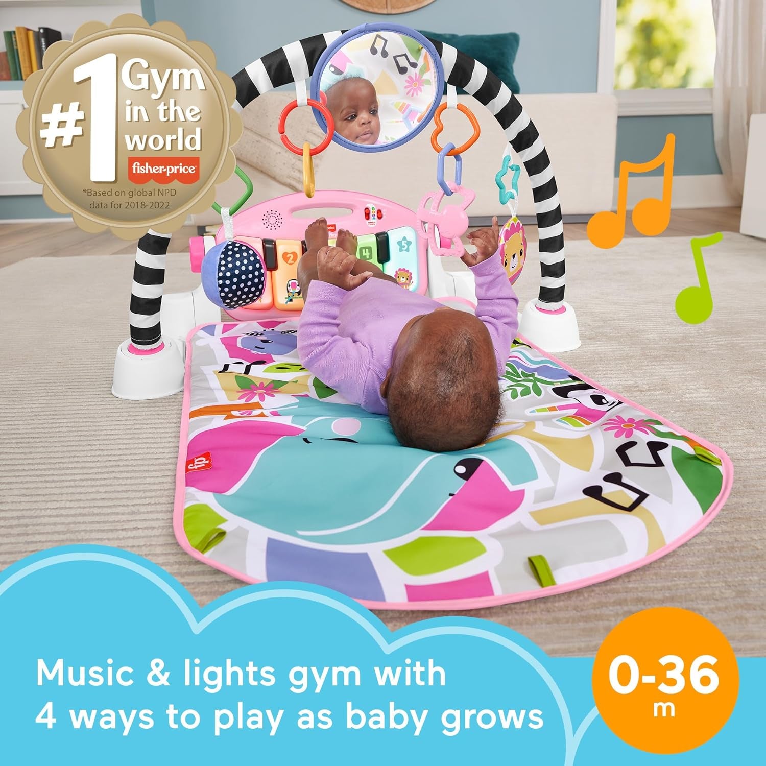 Fisher Price Glow And Grow Kick & Play Piano Gym Baby Playmat With Musical Learning Toy, Pink