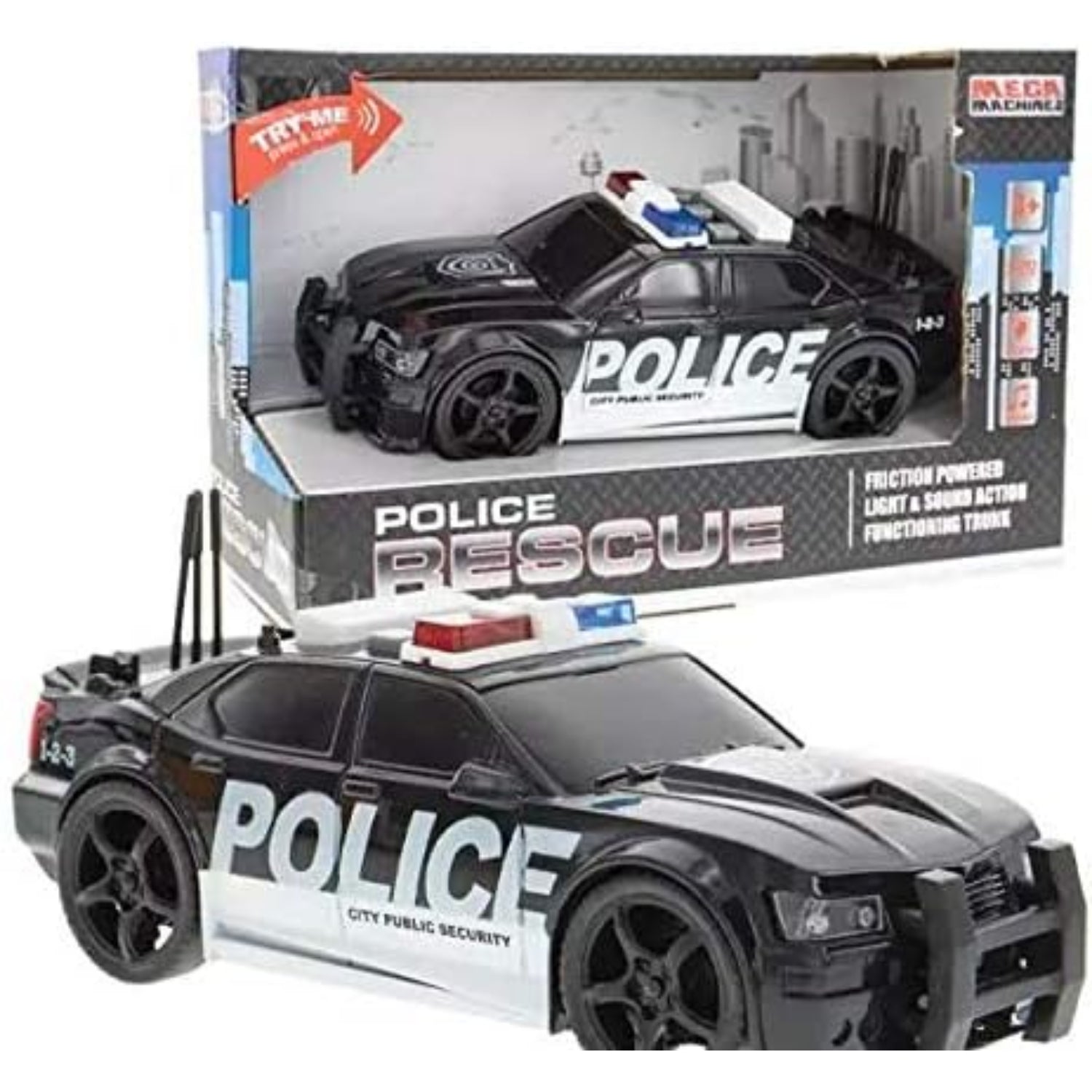 Mega Machines Friction Powered Police Car Toy Rescue Vehicle with Lights and Siren Sounds, Pull Back 1:20 Scale