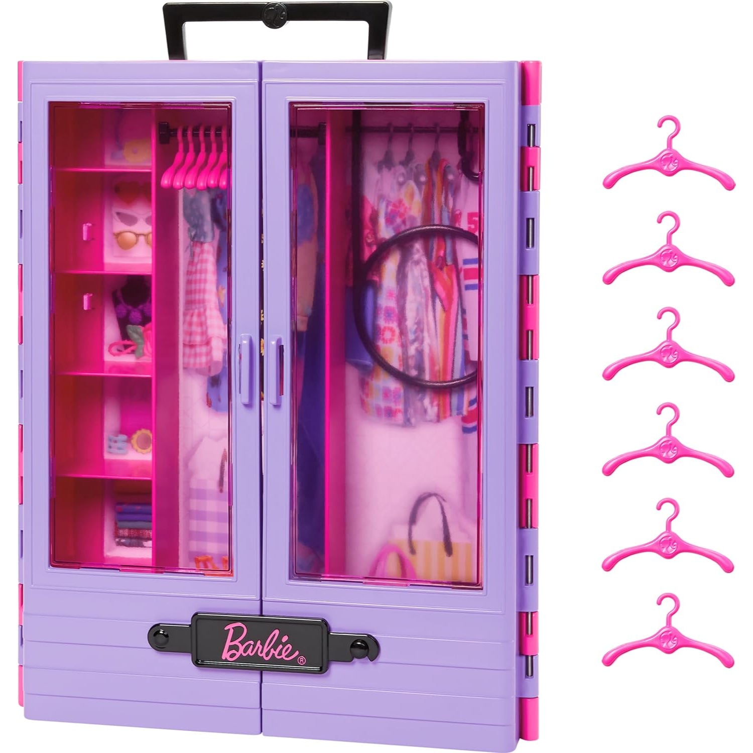 Mattel Barbie Fashionistas Ultimate Closet & 6 Hangars, Purple with Fold-Out Rack & Carrying Handle, Portable Storage for Barbie Doll Clothes & Accessories