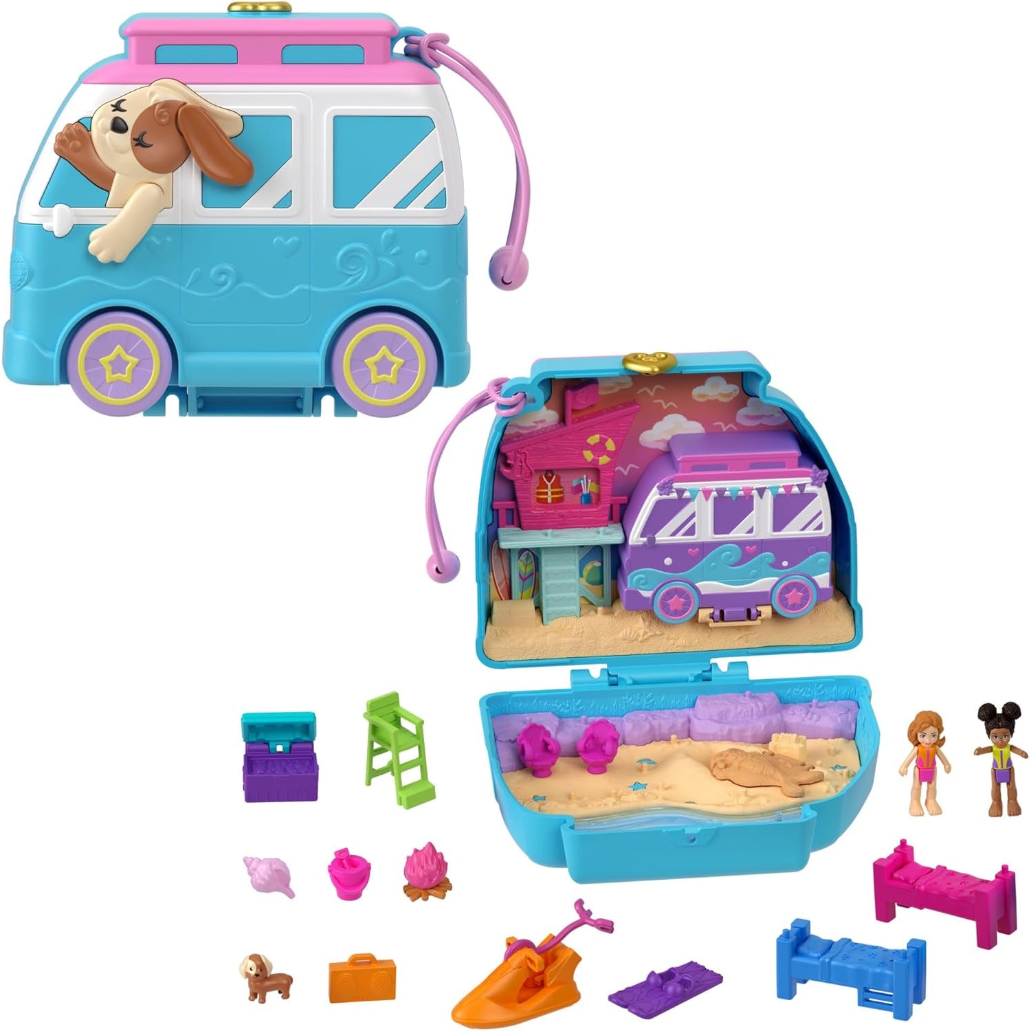 Mattel Polly Pocket Dolls & Playset, Seaside Puppy Ride Compact with 12 Accessories