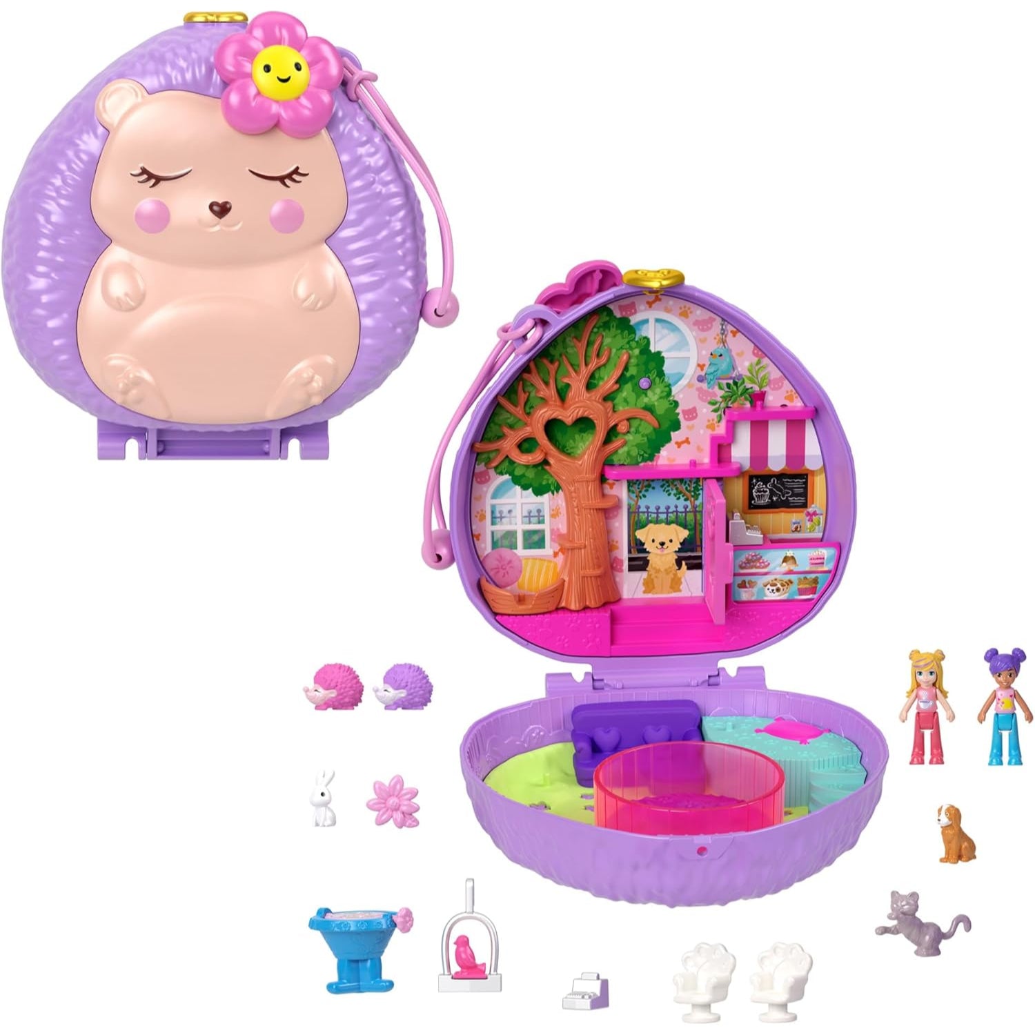 Mattel Polly Pocket Dolls and Playset, Hedgehog Coffee Shop Compact with 2 Micro Dolls & 10 Accessories