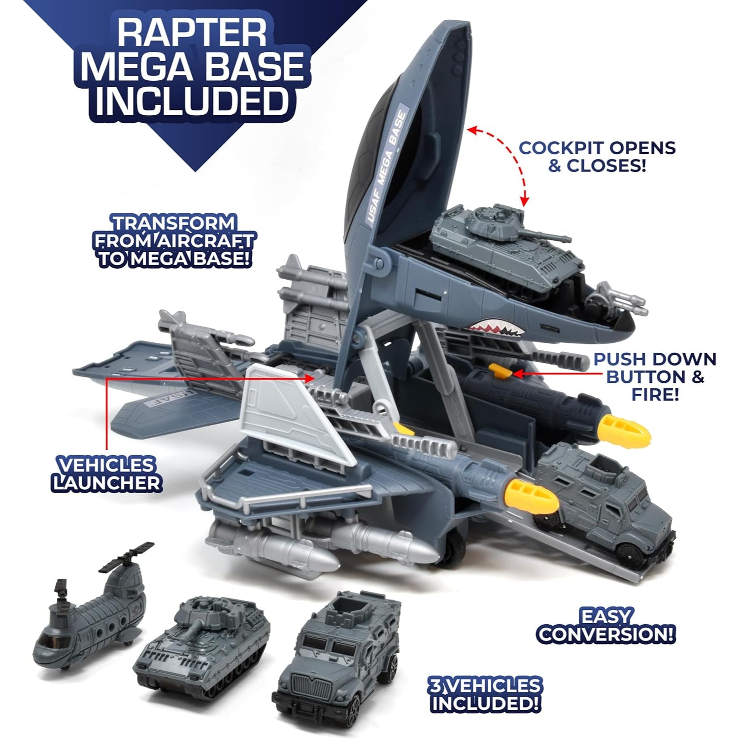 U.S. Air Force Military Aircraft Carrier Toy Fighter Airplane, Raptor Mega Base with Vehicles Army Toy