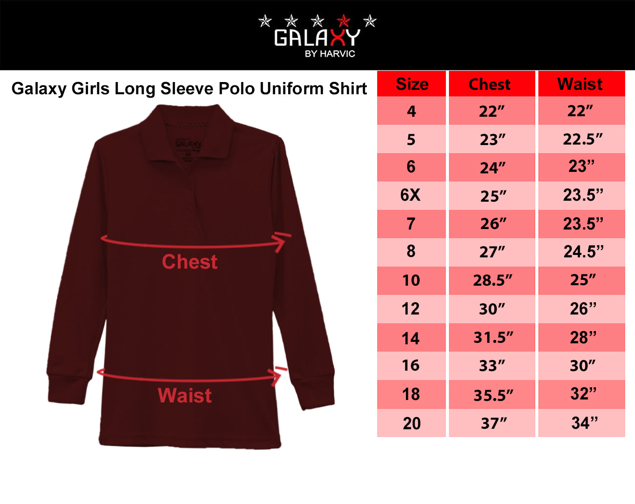 Galaxy Girls 4-6X Long Sleeve Polo School Uniform Shirt