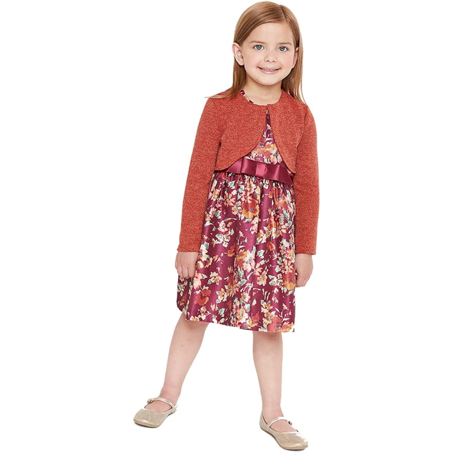 Bonnie Jean Girls 2T-6X Floral Shantung Dress with Bolero Cardigan