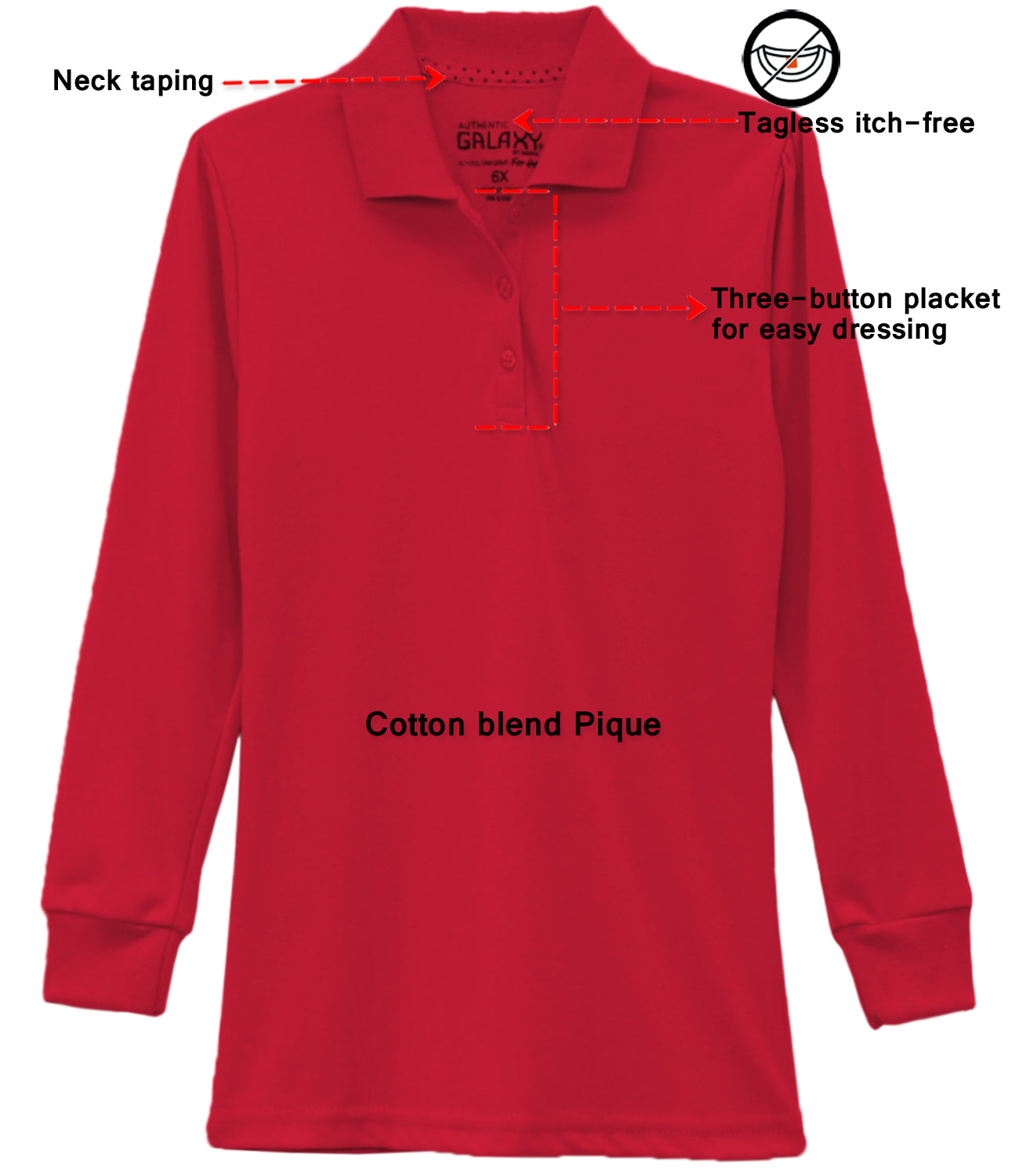 Galaxy Girls 7-20 Long Sleeve Polo School Uniform Shirt