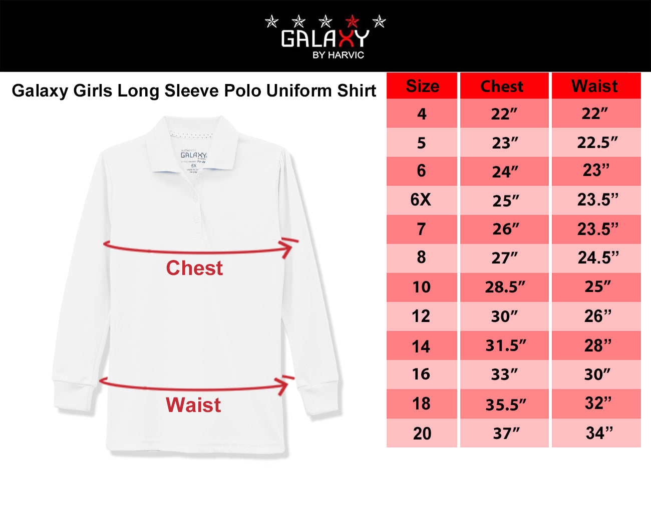 Galaxy Girls 7-20 Long Sleeve Polo School Uniform Shirt