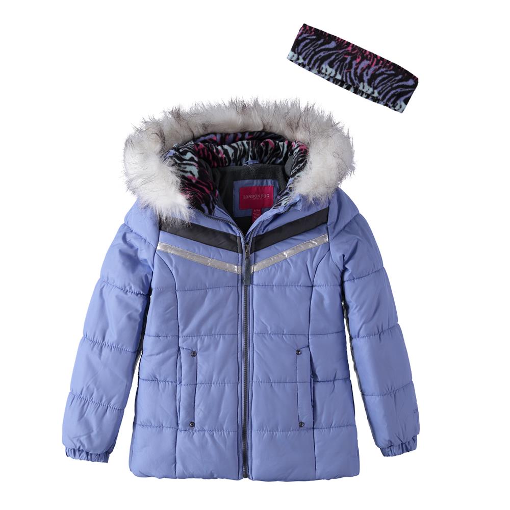 London Fog Girls 7-16 Heavyweight Jacket with Faux Fur Hood and Matching Headband