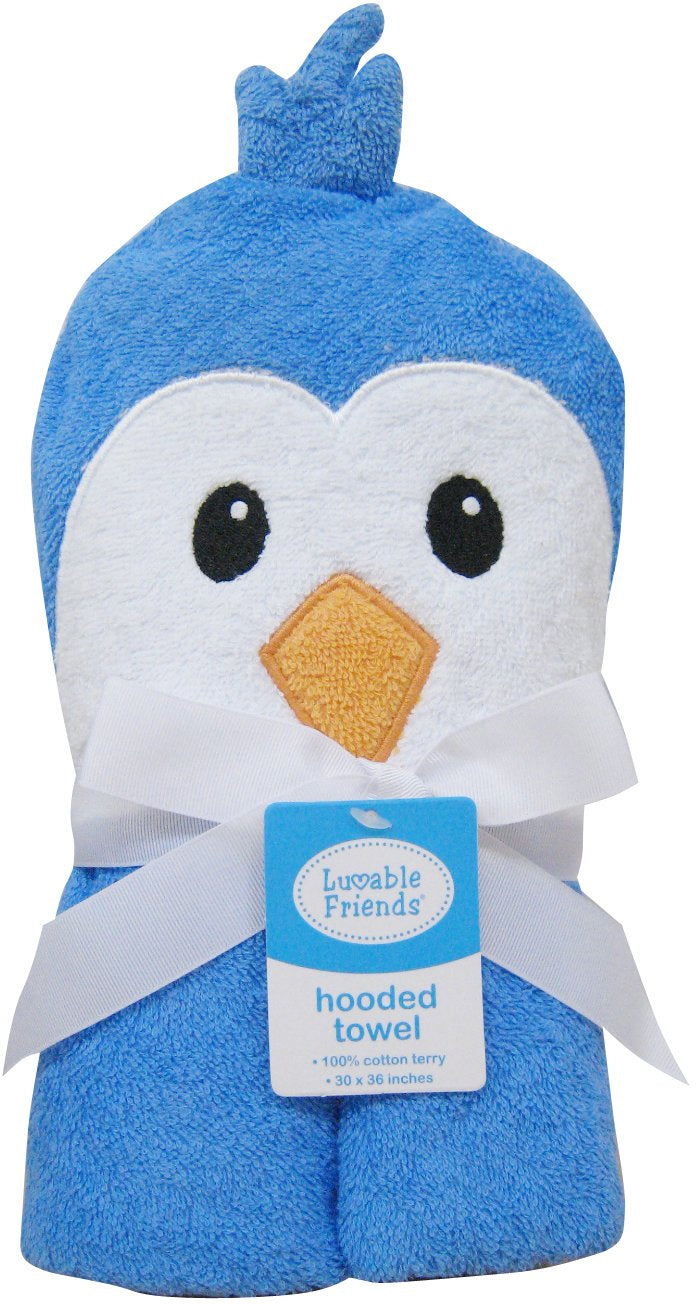 Luvable Friends Animal Face Hooded Towel, Blue Penguin