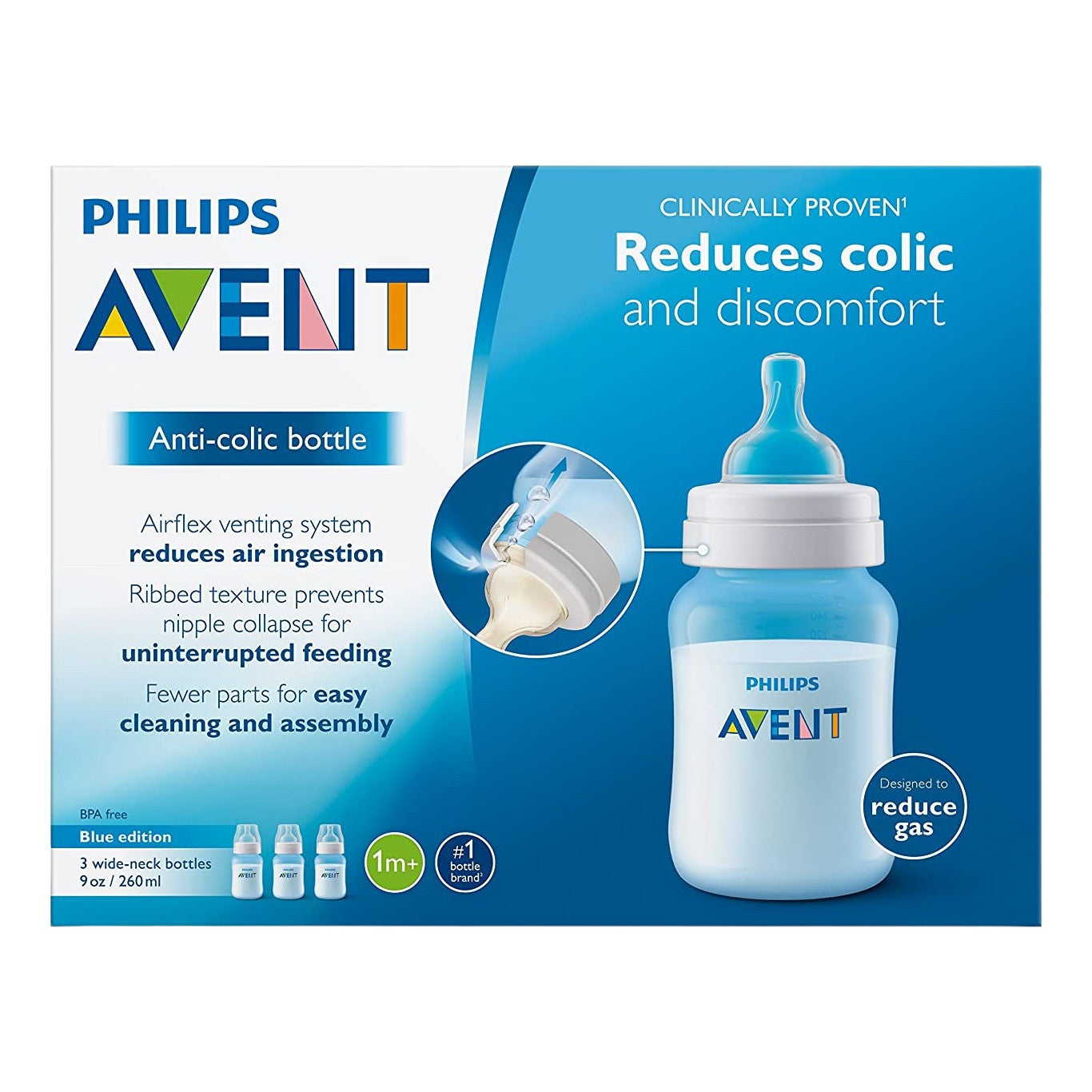 Philips Avent Anti-Colic Bottle with Air-Free Vent, Blue, 9oz- 3 Pack