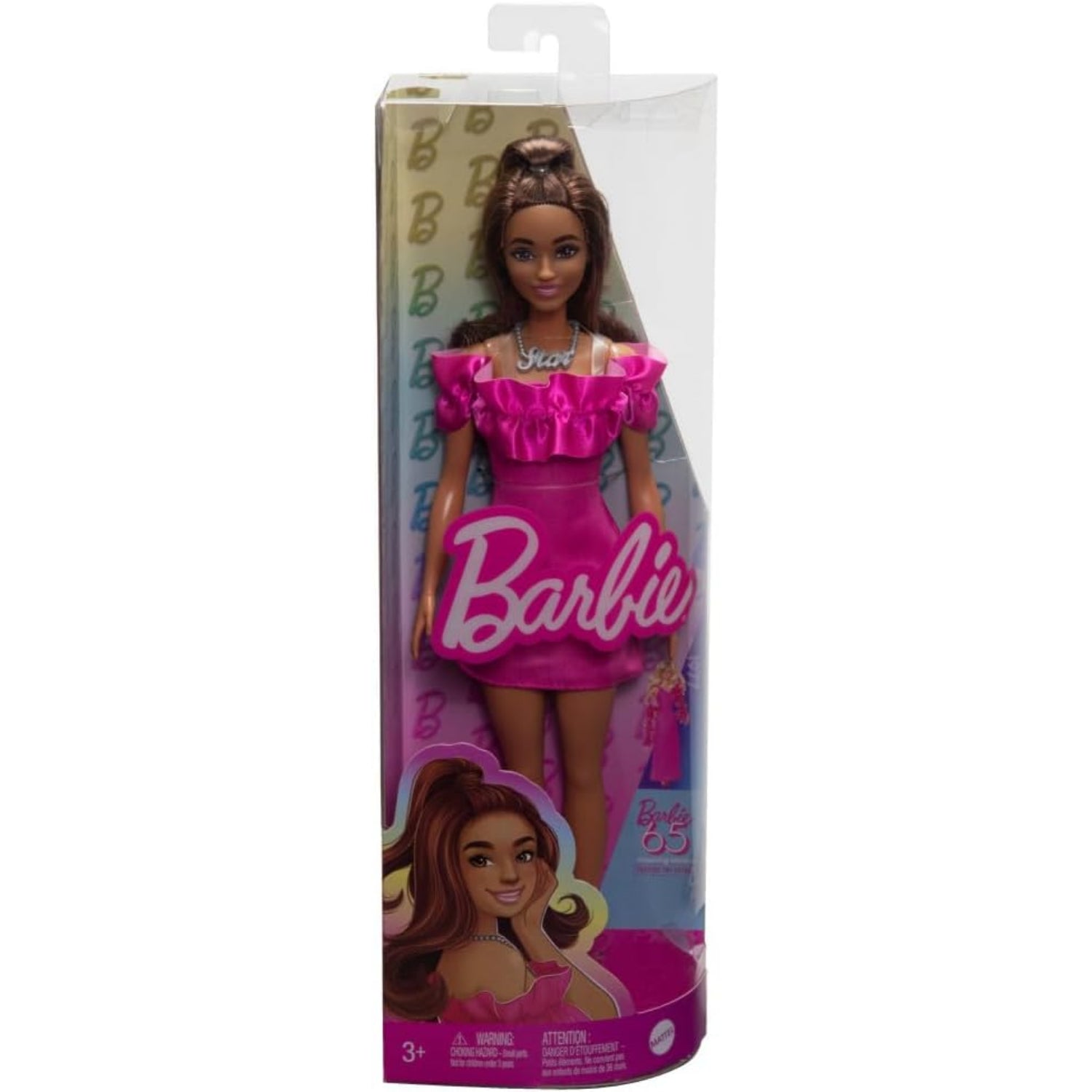 Mattel Barbie Fashionistas Doll Brown Wavy Hair Half-Up Half-Down & Pink Dress