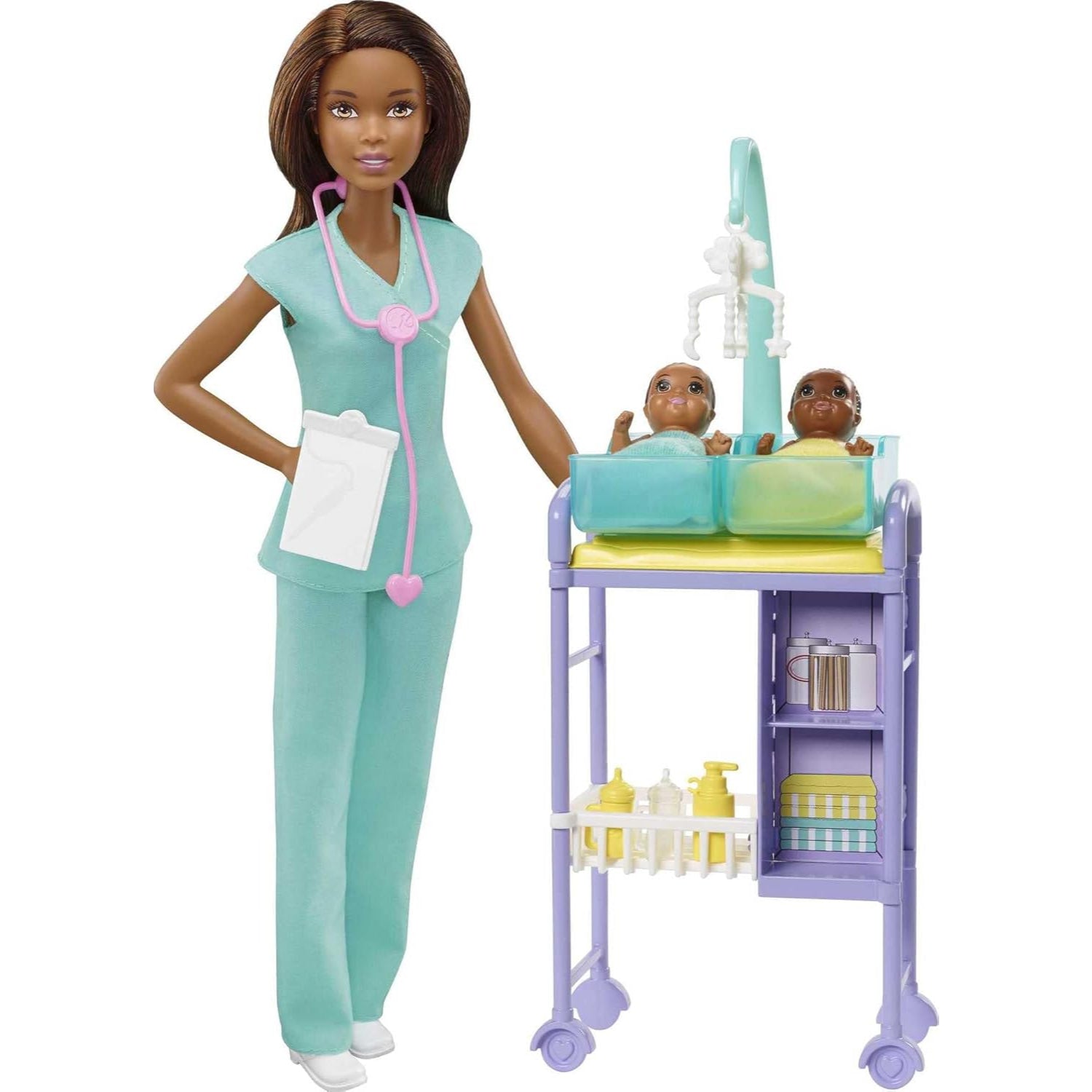 Mattel Barbie Careers Doll & Playset, Baby Doctor Theme with Brunette Fashion Doll, 2 Baby Dolls