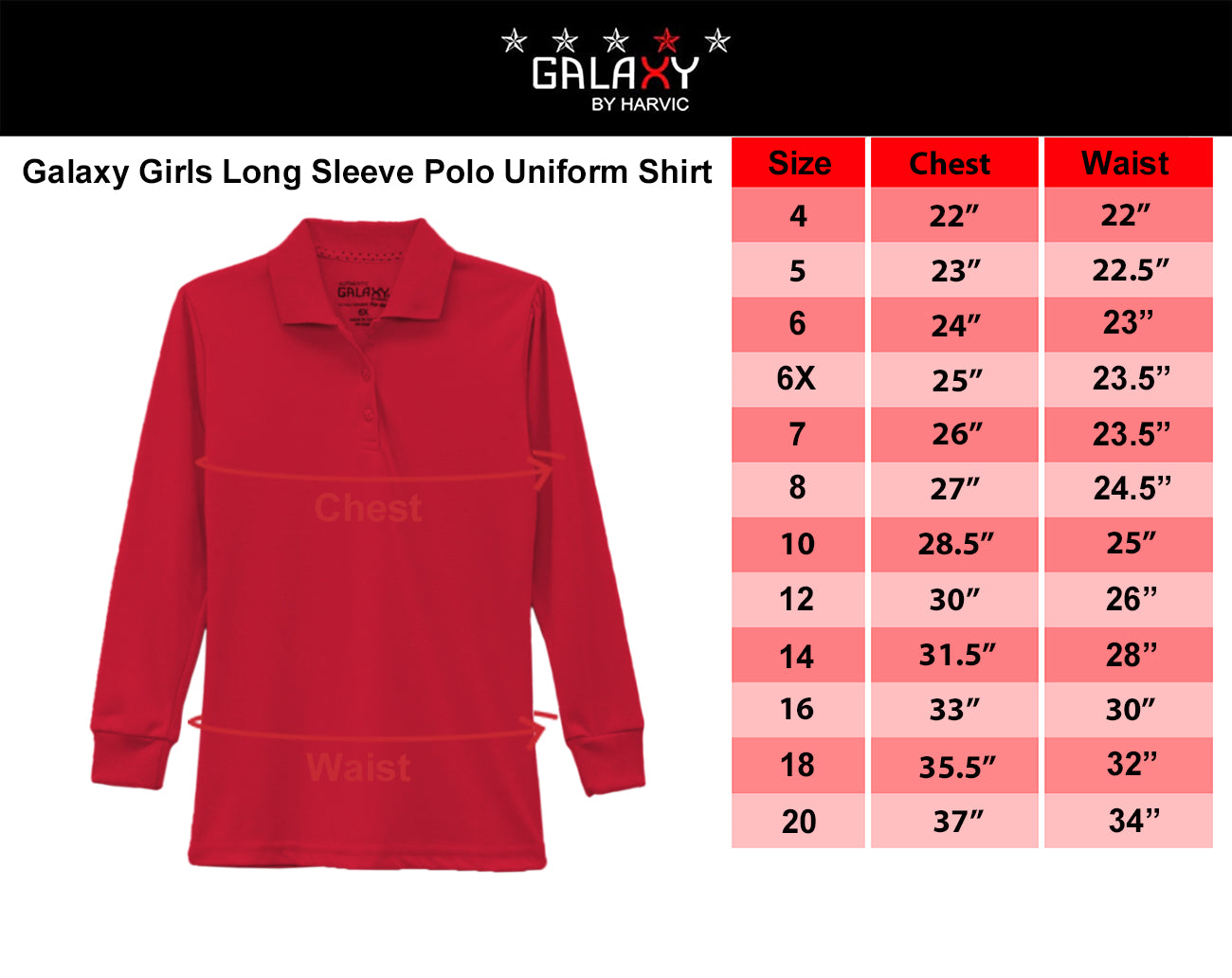 Galaxy Girls 7-20 Long Sleeve Polo School Uniform Shirt