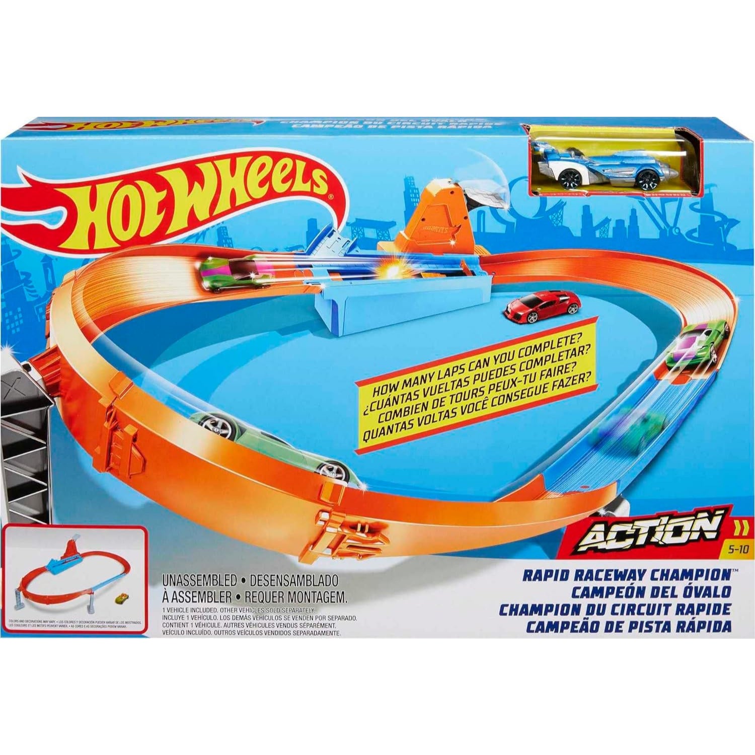 Mattel Hot Wheels Toy Car Track Set, Rapid Raceway Champion, Multi-Car Launcher, Includes 1:64 Scale