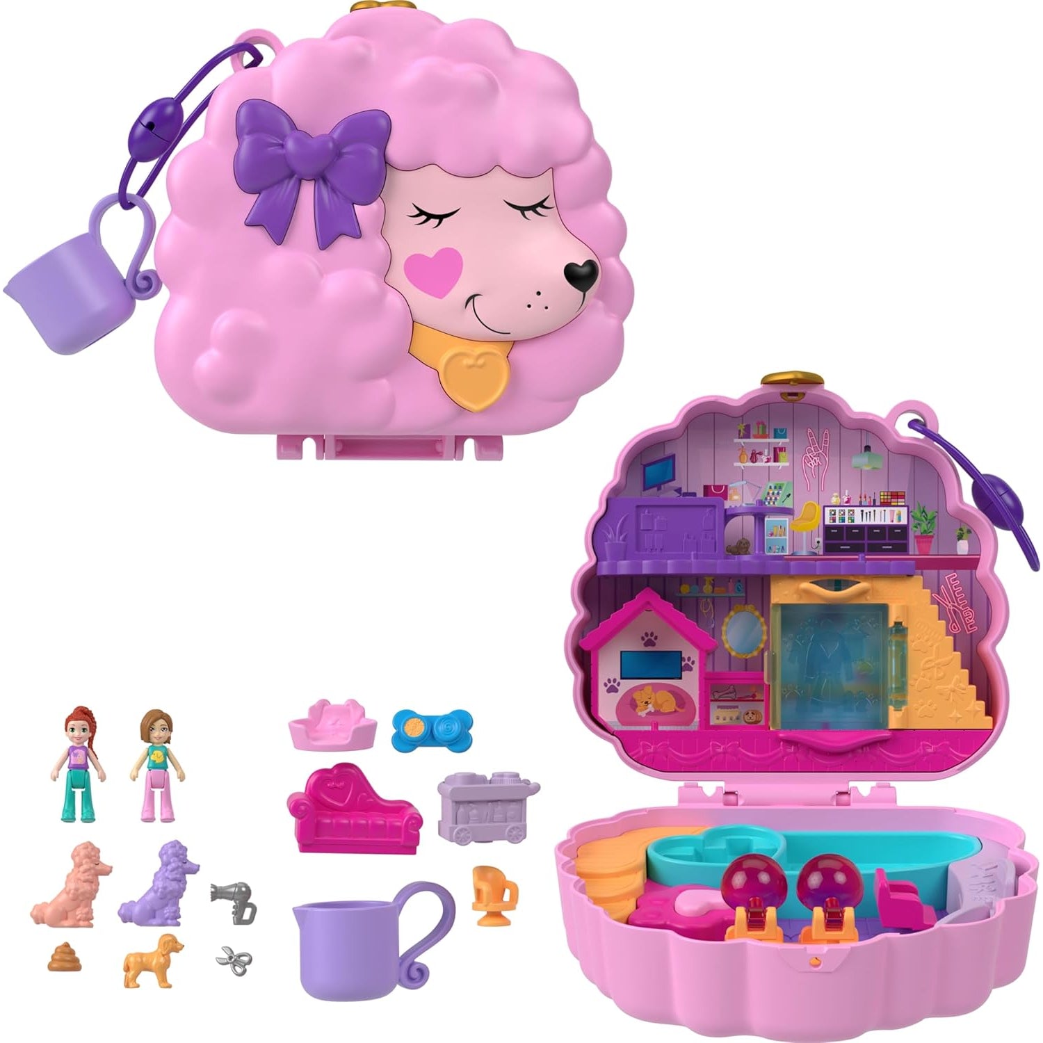 Mattel Roll over image to zoom in Polly Pocket Groom & Glam Poodle Compact Playset with 2 Micro Doll