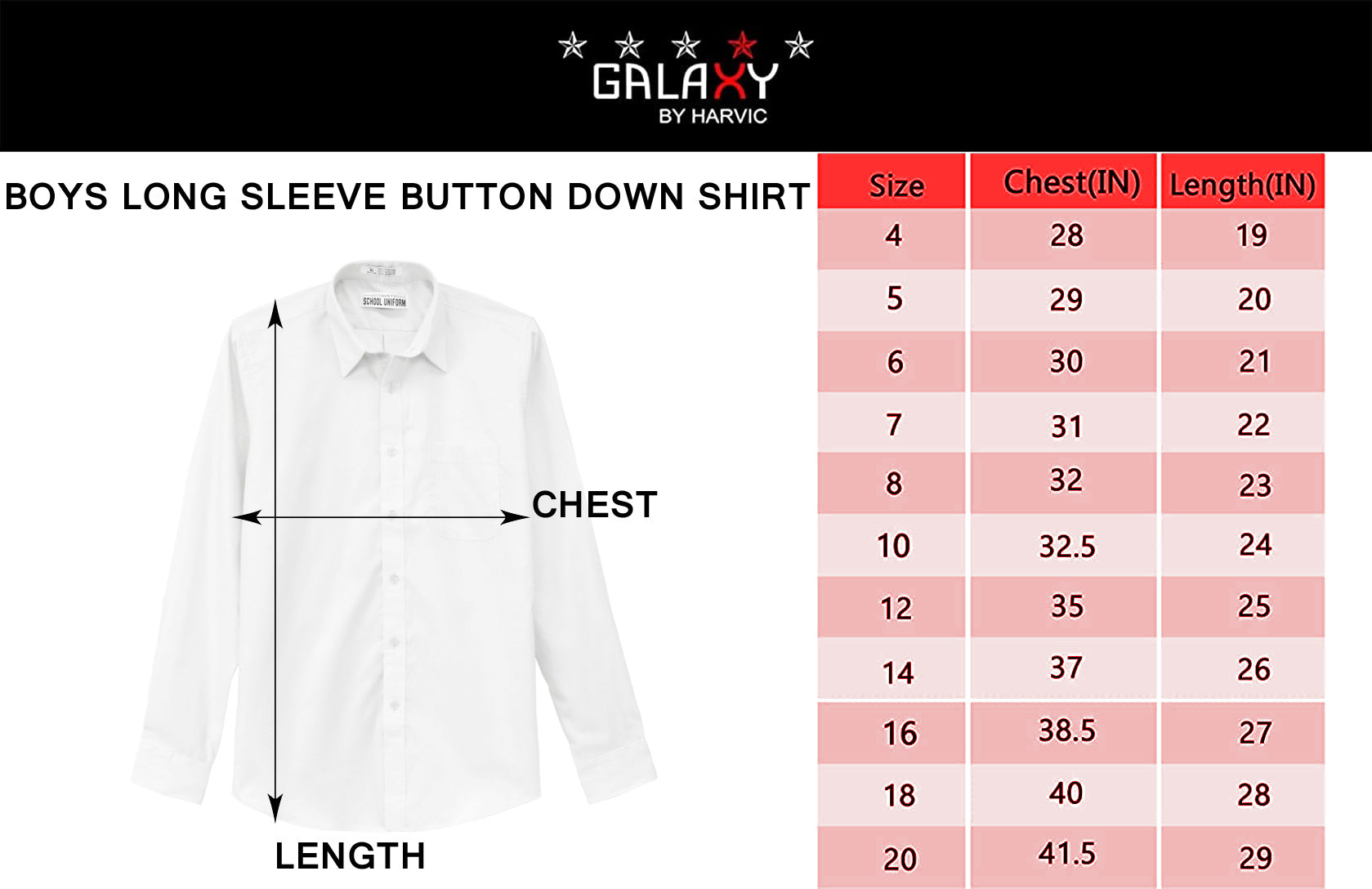 Galaxy Boys 4-20 Long Sleeve Button Down Dress Shirt (Regular and Husky)