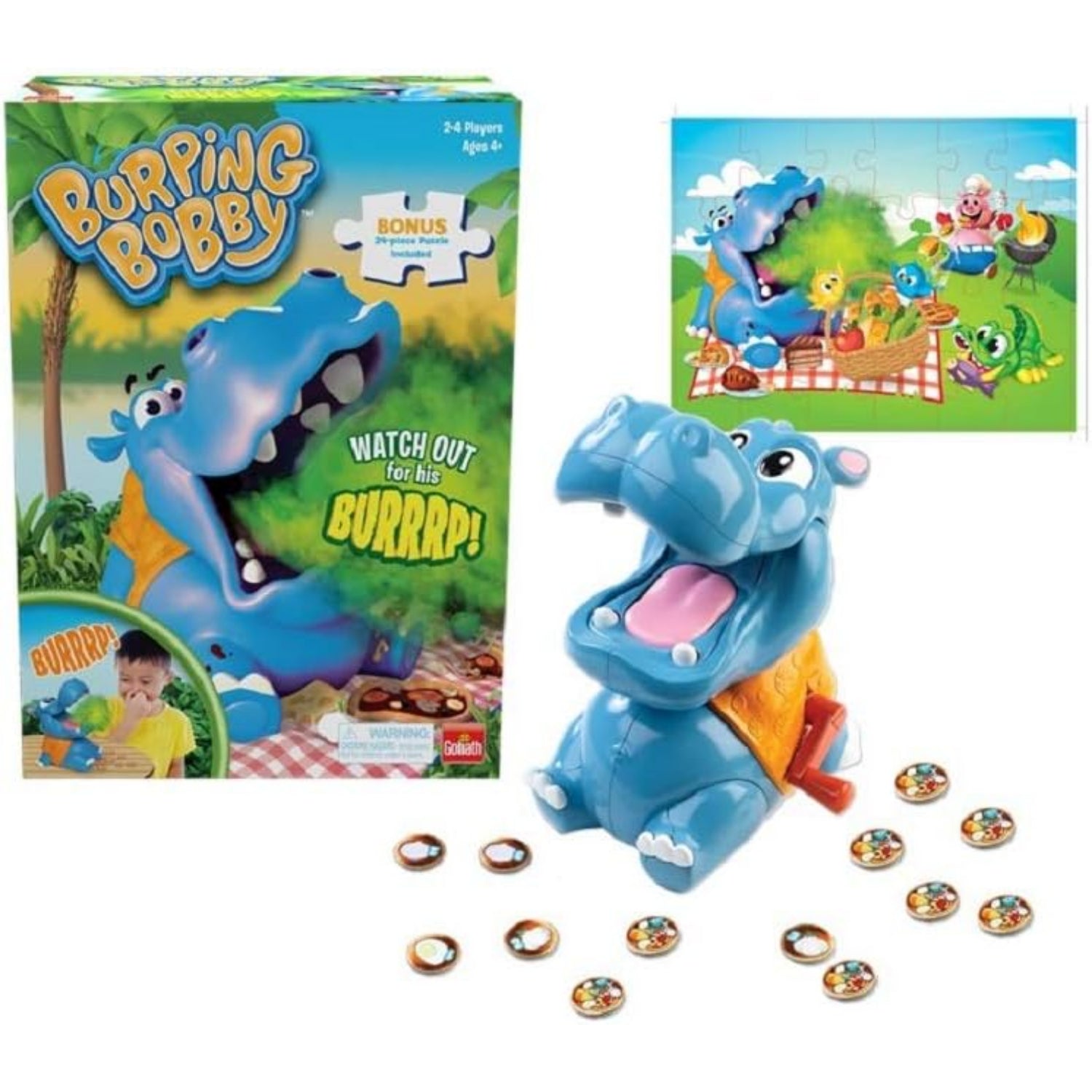 Goliath Burping Bobby - The Feed The Hippo But Watch Out for His Burp! Game  - Includes A Fun Colorful 24pc Puzzle by Goliath