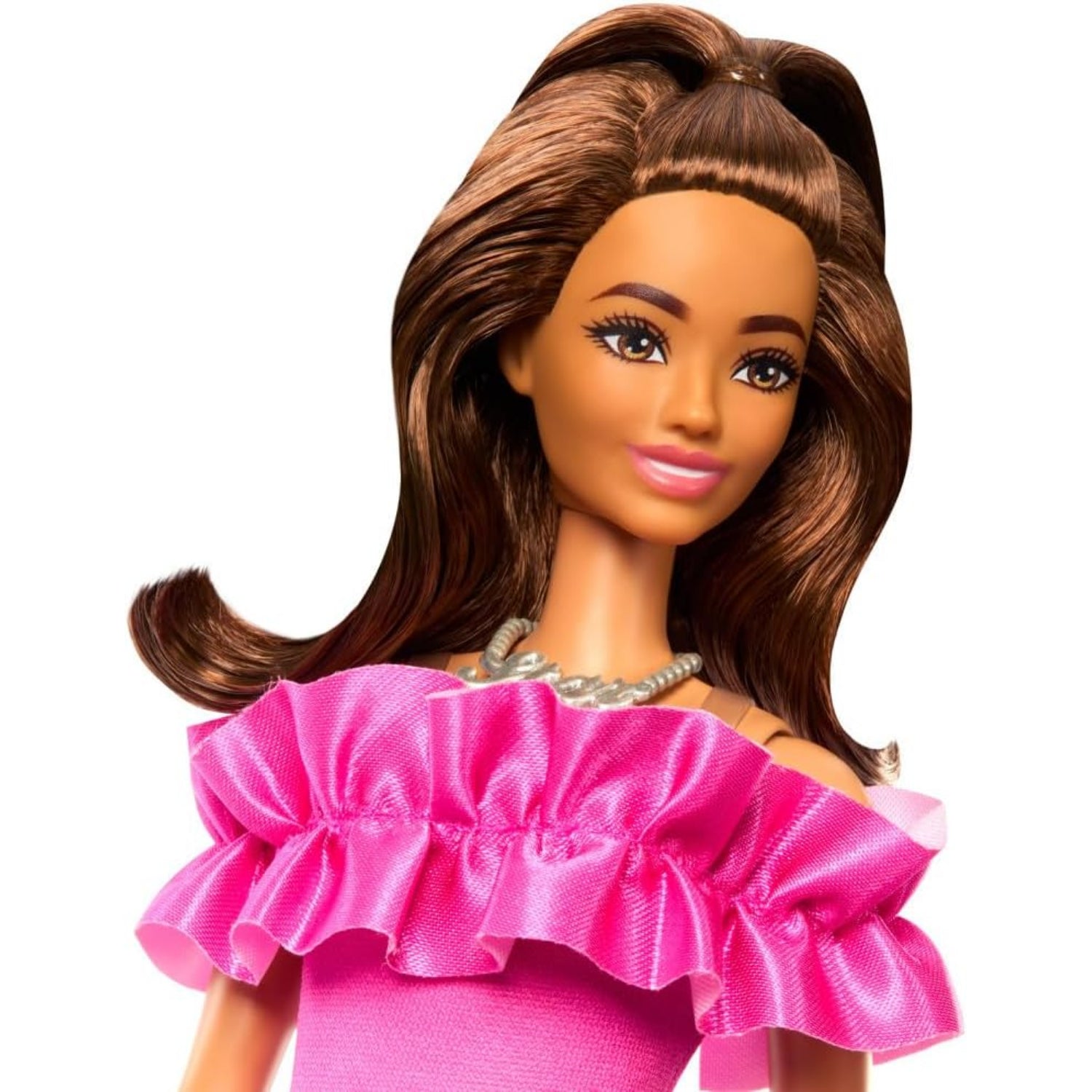 Mattel Barbie Fashionistas Doll Brown Wavy Hair Half-Up Half-Down & Pink Dress