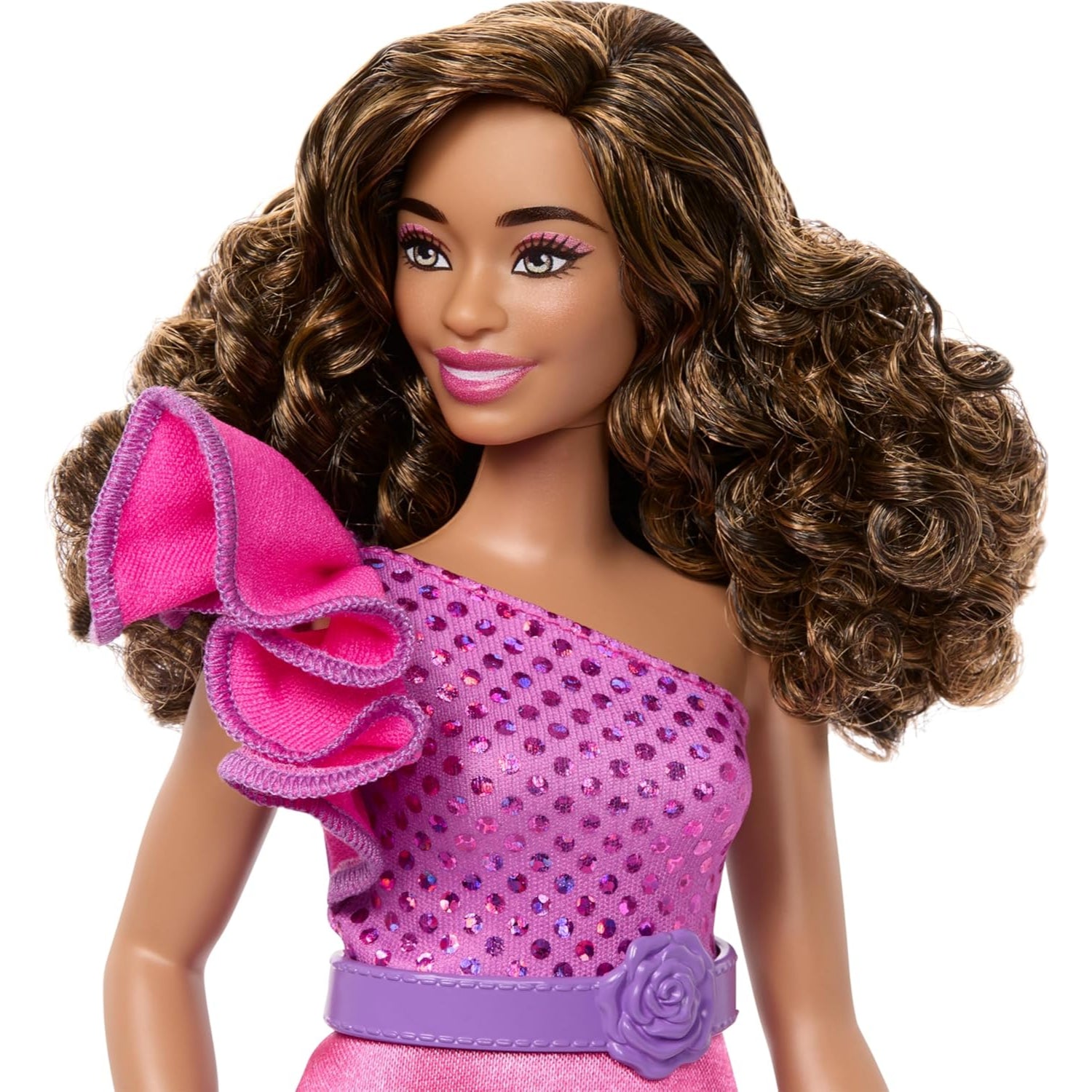 Mattel Barbie Fashionistas Curvy Body Type with Brown Hair, Pink Sparkly Dress & Accessories