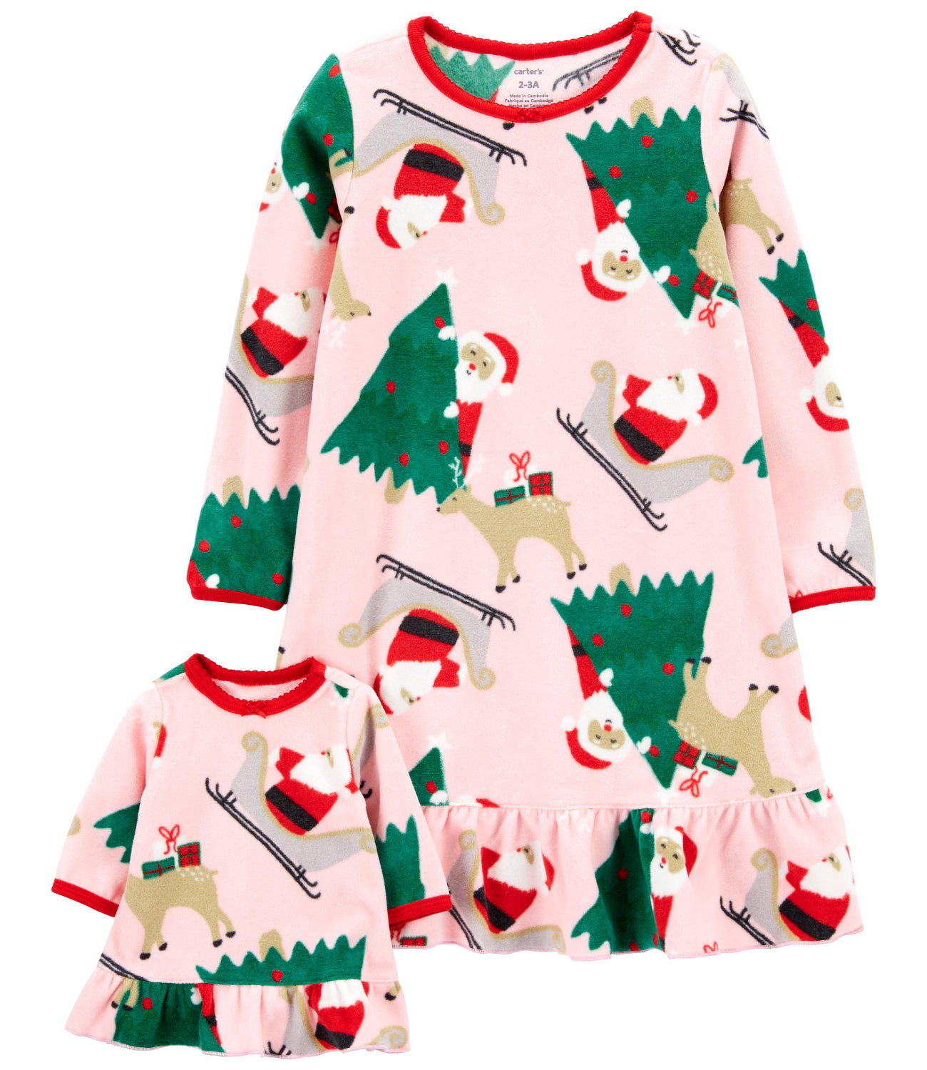 Carters Girls 2-16 Christmas Matching Nightgown & Doll Nightgown Set