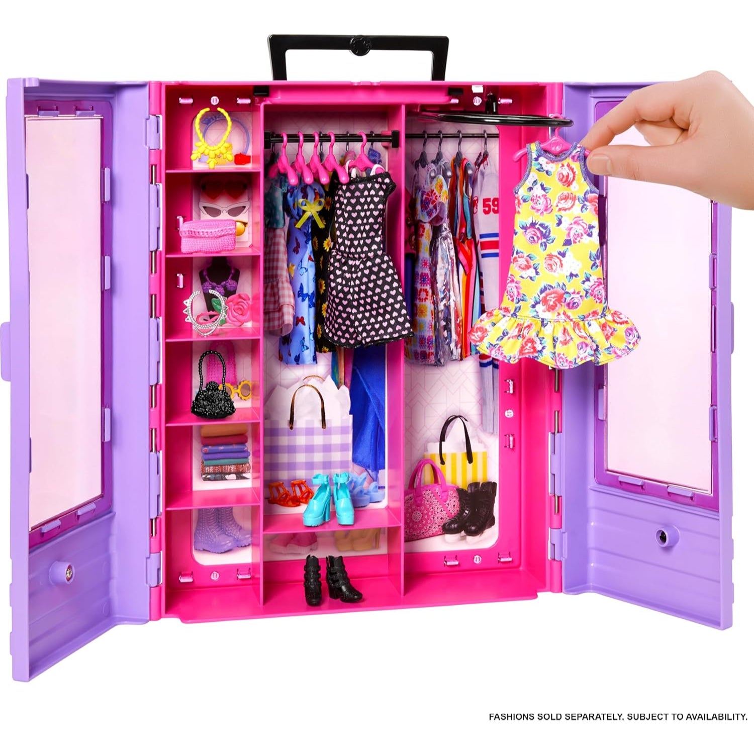 Mattel Barbie Fashionistas Ultimate Closet & 6 Hangars, Purple with Fold-Out Rack & Carrying Handle, Portable Storage for Barbie Doll Clothes & Accessories