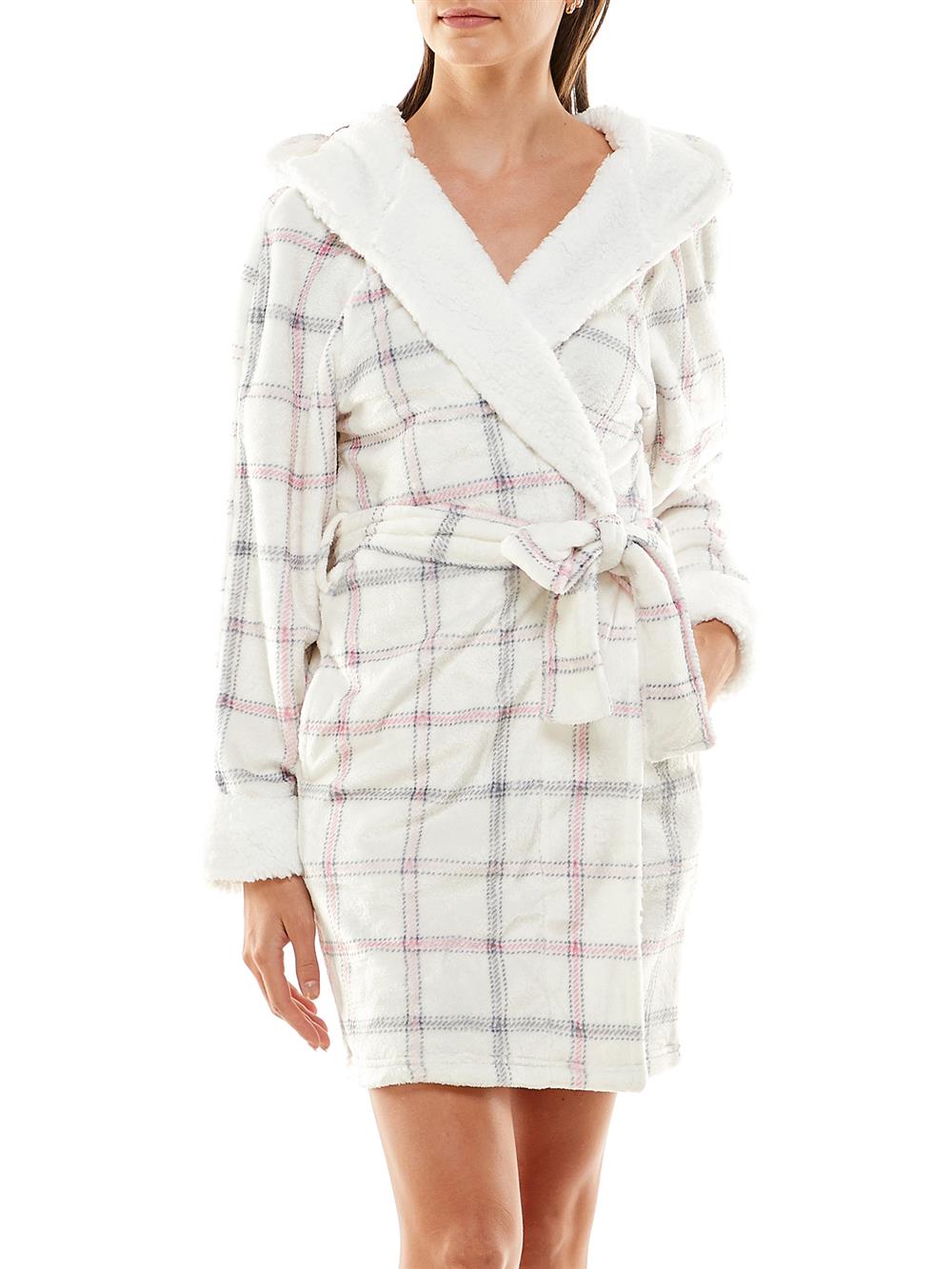 Jaclyn Intimates Womens Long Sleeve Knee Length Sherpa Lined Hooded Belted Robe