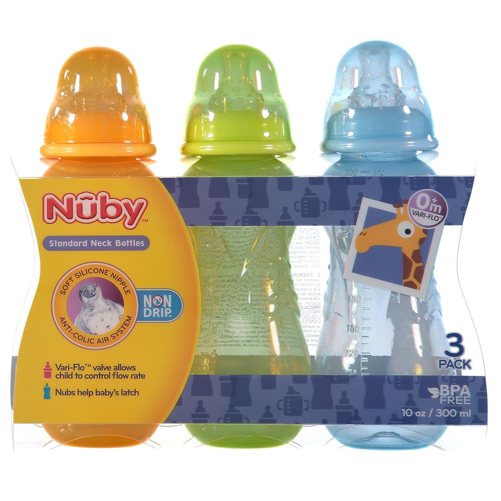 Nuby Non-Drip Standard Neck Bottles, 10 oz