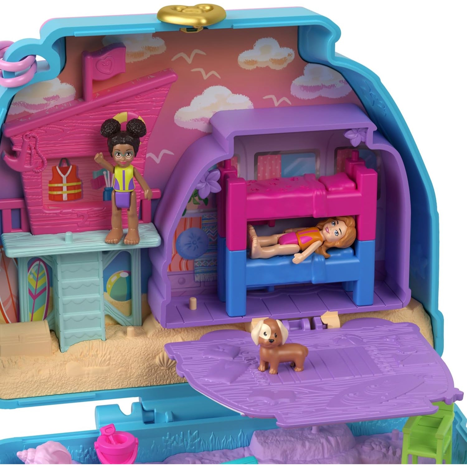 Mattel Polly Pocket Dolls & Playset, Seaside Puppy Ride Compact with 12 Accessories