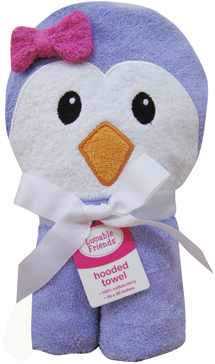 Luvable Friends Animal Face Hooded Towel, Purple Penguin