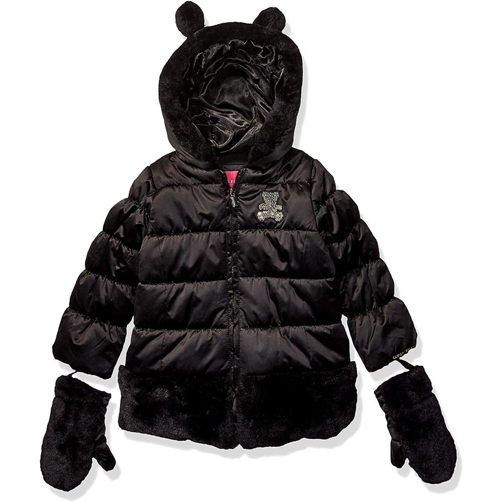 London Fog Girls Fur Bear Satin Jacket Mittens