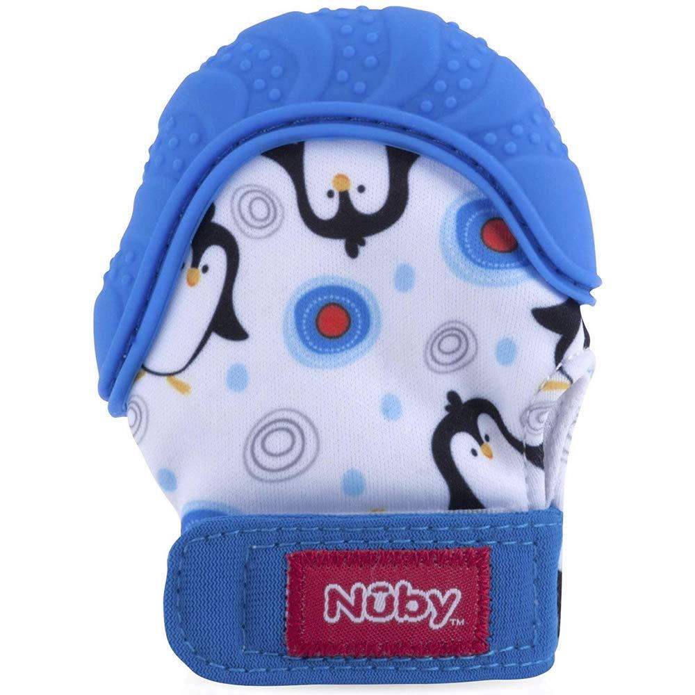 Nuby Soothing Teething Mitten with Hygienic Travel Bag, Blue Penguins