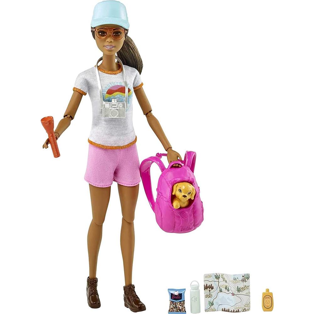 Mattel Barbie Hiking Doll, Brunette, with Puppy & 9 Accessories