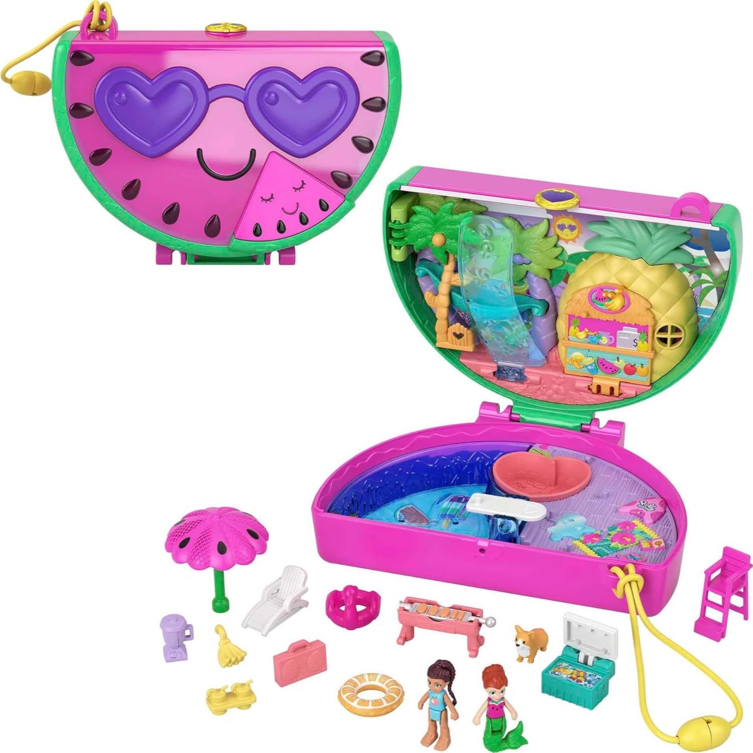 Mattel Polly Pocket Compact Playset, Scented Watermelon Pool Party with 2 Micro Dolls & Accessories