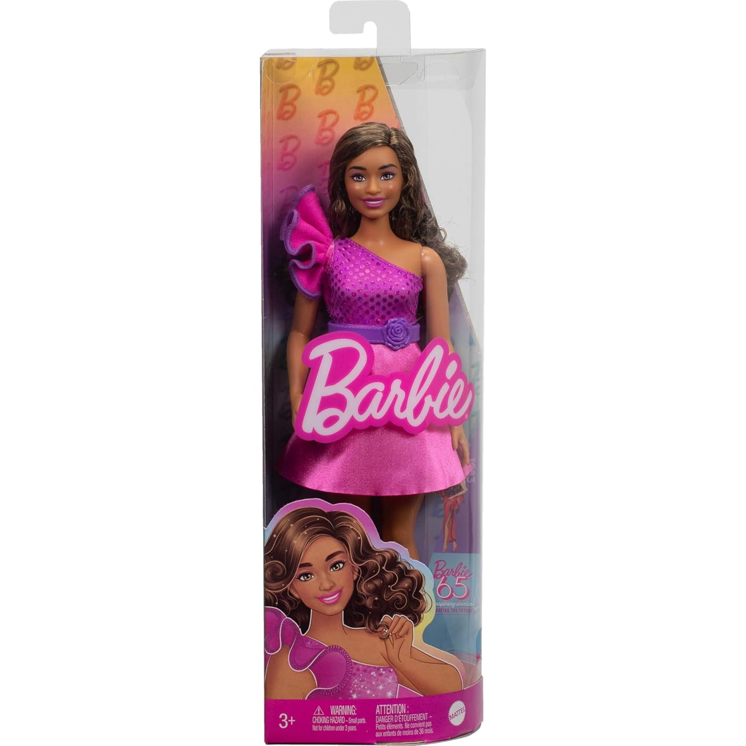 Mattel Barbie Fashionistas Curvy Body Type with Brown Hair, Pink Sparkly Dress & Accessories