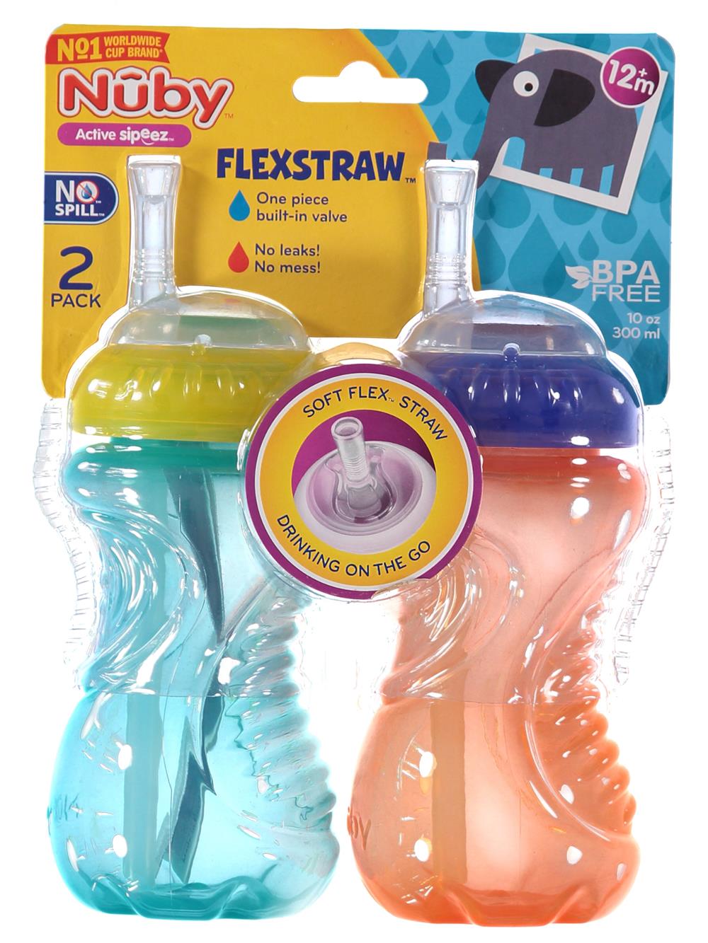 Nuby 2-Pack No-Spill Cup with Flex Straw, 10 oz