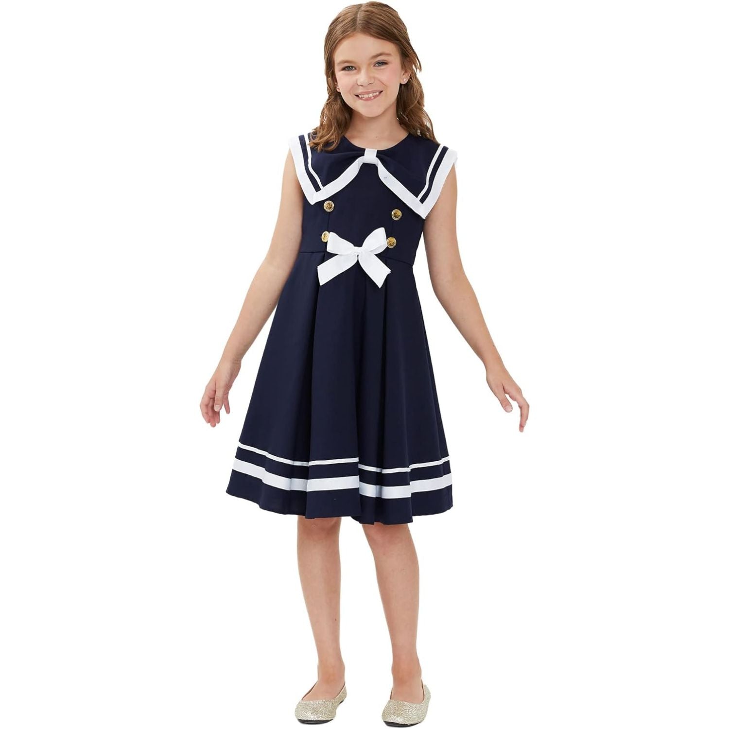 Bonnie Jean Girls Sleeveless Solid Navy Nautical Uniform Dress