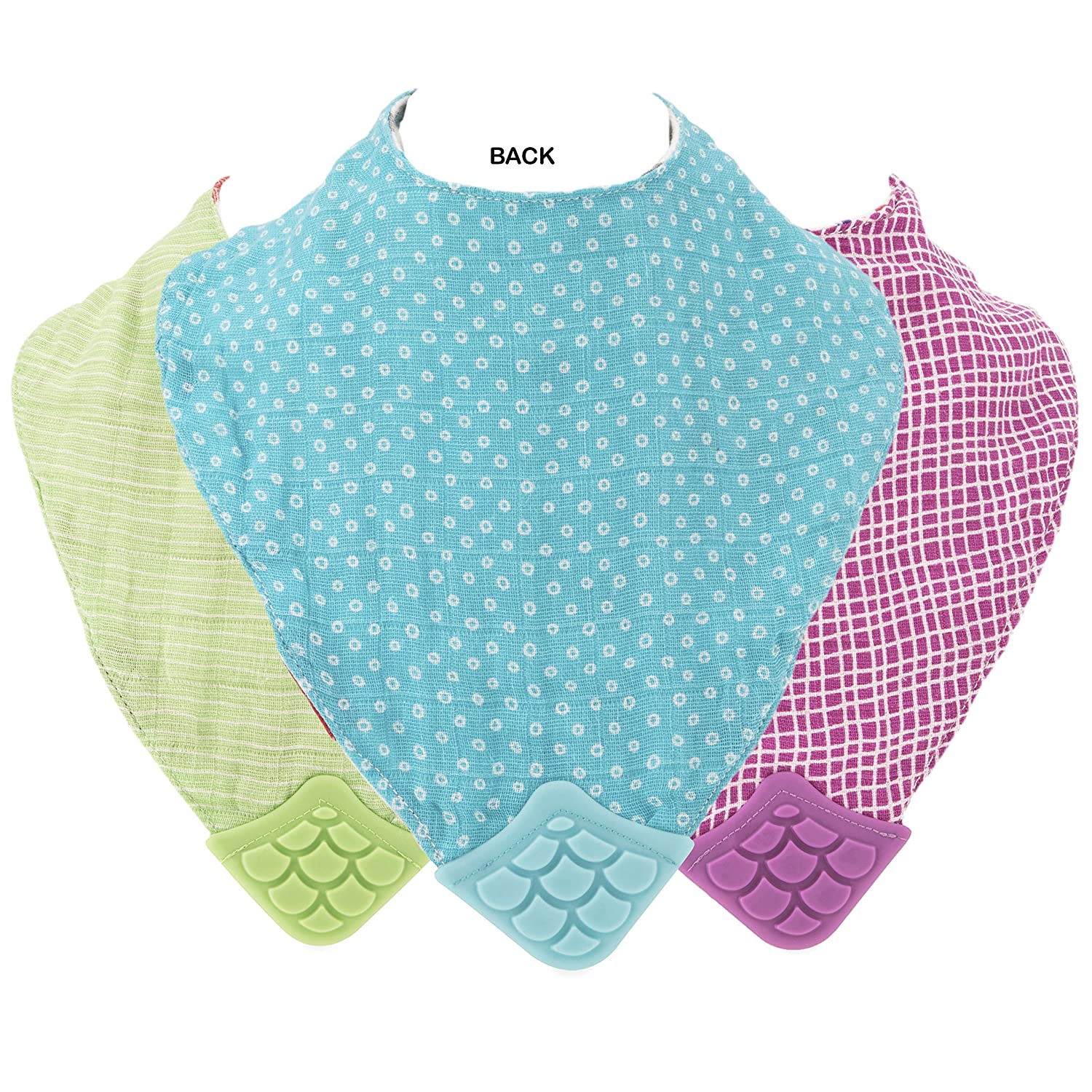 Nuby Reversible 100% Natural Cotton Muslin 3 Piece Teething Bib, Pink/Aqua/Purple, Flower/Butterfly/